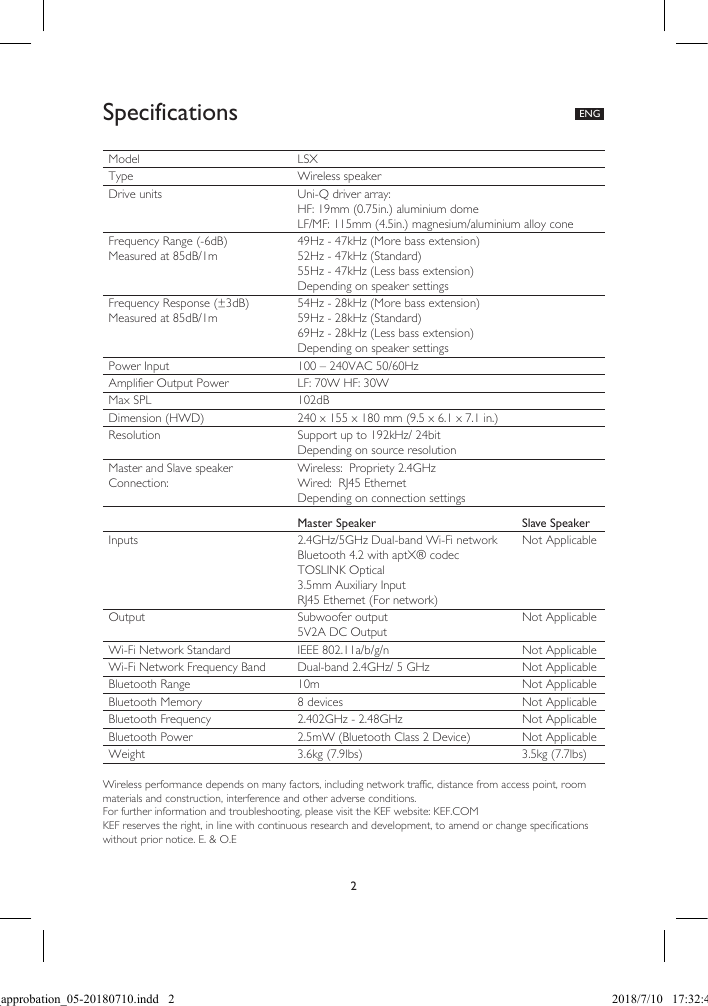 2Specifications  ENGWireless performance depends on many factors, including network traffic, distance from access point, room materials and construction, interference and other adverse conditions.For further information and troubleshooting, please visit the KEF website: KEF.COMKEF reserves the right, in line with continuous research and development, to amend or change specifications without prior notice. E. & O.EModel LSXType Wireless speakerDrive units Uni-Q driver array:HF: 19mm (0.75in.) aluminium domeLF/MF: 115mm (4.5in.) magnesium/aluminium alloy coneFrequency Range (-6dB)Measured at 85dB/1m49Hz - 47kHz (More bass extension)52Hz - 47kHz (Standard)55Hz - 47kHz (Less bass extension)Depending on speaker settingsFrequency Response (±3dB)Measured at 85dB/1m54Hz - 28kHz (More bass extension)59Hz - 28kHz (Standard)69Hz - 28kHz (Less bass extension)Depending on speaker settingsPower Input 100 – 240VAC 50/60HzAmplifier Output Power LF: 70W HF: 30WMax SPL 102dBDimension (HWD) 240 x 155 x 180 mm (9.5 x 6.1 x 7.1 in.)Resolution Support up to 192kHz/ 24bitDepending on source resolutionMaster and Slave speaker Connection:Wireless:  Propriety 2.4GHz Wired:  RJ45 EthernetDepending on connection settingsMaster Speaker Slave SpeakerInputs 2.4GHz/5GHz Dual-band Wi-Fi networkBluetooth 4.2 with aptX® codecTOSLINK Optical3.5mm Auxiliary InputRJ45 Ethernet (For network)Not ApplicableOutput Subwoofer output5V2A DC OutputNot ApplicableWi-Fi Network Standard IEEE 802.11a/b/g/n Not ApplicableWi-Fi Network Frequency Band Dual-band 2.4GHz/ 5 GHz Not ApplicableBluetooth Range 10m Not ApplicableBluetooth Memory 8 devices Not ApplicableBluetooth Frequency 2.402GHz - 2.48GHz Not ApplicableBluetooth Power 2.5mW (Bluetooth Class 2 Device) Not ApplicableWeight 3.6kg (7.9lbs) 3.5kg (7.7lbs)Spec_approbation_05-20180710.indd   2 2018/7/10   17:32:43