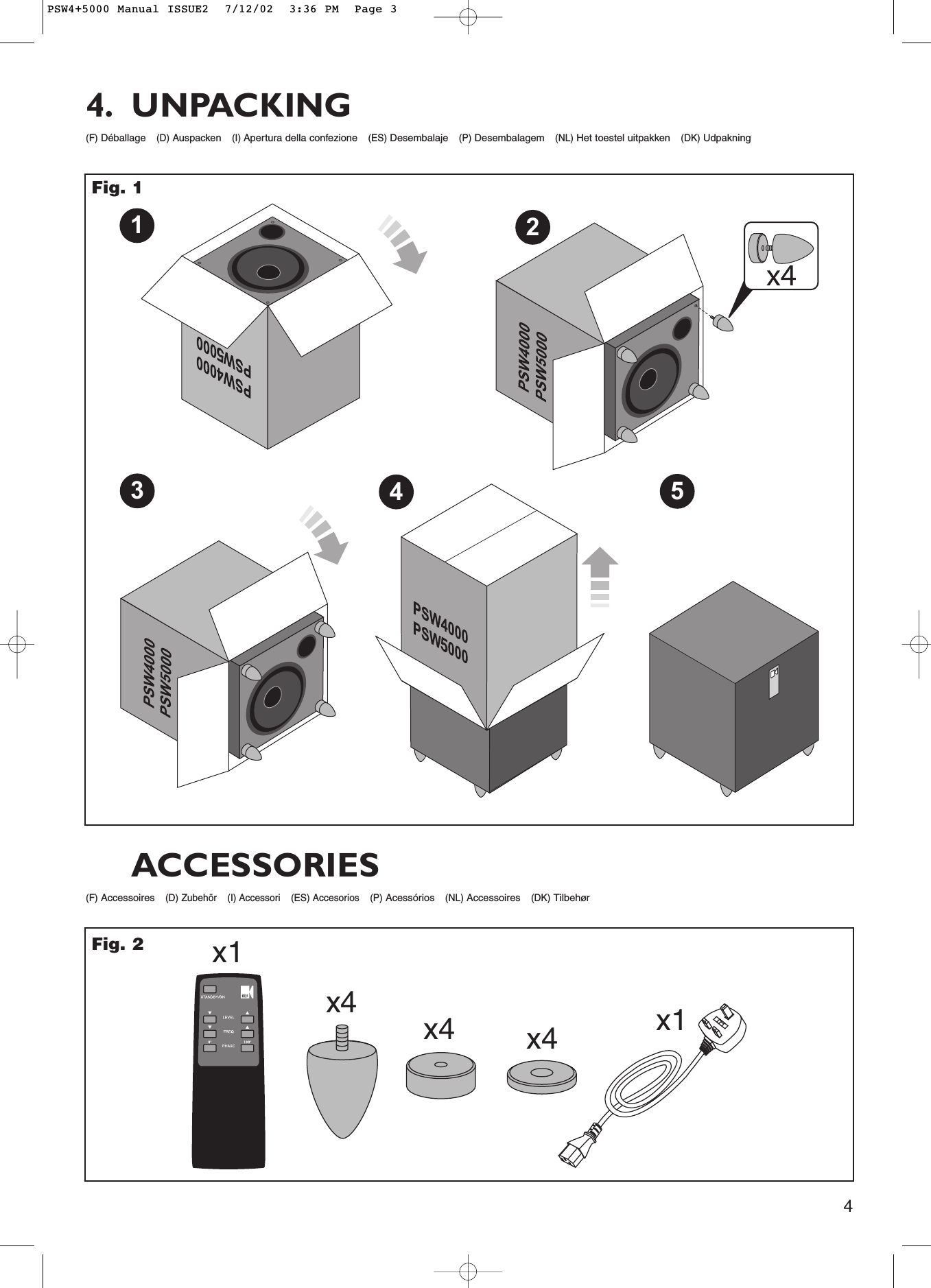 351424(F) Déballage(D) Auspacken(I)Apertura della confezione(ES) Desembalaje(P) Desembalagem(NL) Het toestel uitpakken(DK) Udpakning4. UNPACKINGFig. 1x1x1x4 x4 x4(F) Accessoires(D) Zubehör (I) Accessori (ES) Accesorios (P) Acessórios(NL) Accessoires(DK) TilbehørACCESSORIESFig. 2PSW4+5000 Manual ISSUE2  7/12/02  3:36 PM  Page 3