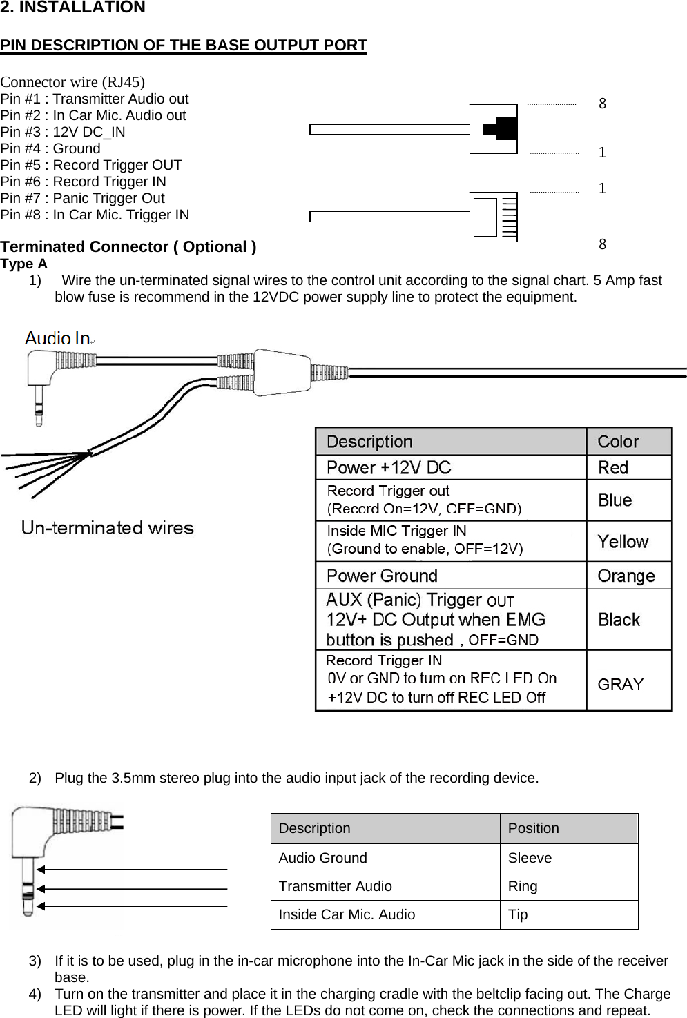 2. INSTALLATION    PIN DESCRIPTION OF THE BASE OUTPUT PORT     Connector wire (RJ45) Pin #1 : Transmitter Audio out   Pin #2 : In Car Mic. Audio out   Pin #3 : 12V DC_IN   Pin #4 : Ground     Pin #5 : Record Trigger OUT   Pin #6 : Record Trigger IN   Pin #7 : Panic Trigger Out   Pin #8 : In Car Mic. Trigger IN    Terminated Connector ( Optional ) Type A   1)    Wire the un-terminated signal wires to the control unit according to the signal chart. 5 Amp fast blow fuse is recommend in the 12VDC power supply line to protect the equipment.            2)  Plug the 3.5mm stereo plug into the audio input jack of the recording device.      3)  If it is to be used, plug in the in-car microphone into the In-Car Mic jack in the side of the receiver base. 4)  Turn on the transmitter and place it in the charging cradle with the beltclip facing out. The Charge LED will light if there is power. If the LEDs do not come on, check the connections and repeat.  Description   Position  Audio Ground  Sleeve Transmitter Audio   Ring  Inside Car Mic. Audio    Tip   8 1 8 1 