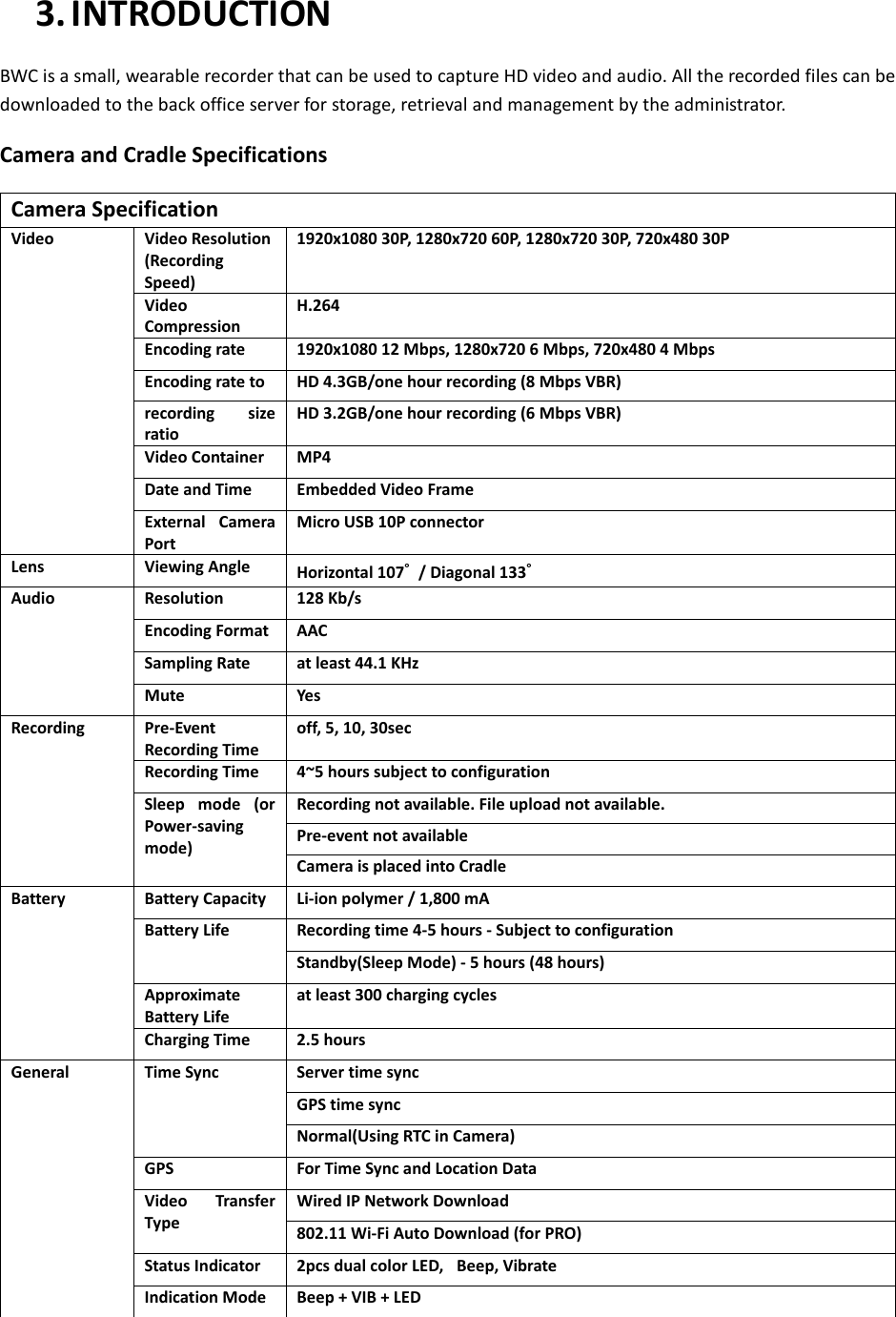 3. INTRODUCTION BWC is a small, wearable recorder that can be used to capture HD video and audio. All the recorded files can be downloaded to the back office server for storage, retrieval and management by the administrator.   Camera and Cradle Specifications Camera Specification Video   Video Resolution (Recording Speed) 1920x1080 30P, 1280x720 60P, 1280x720 30P, 720x480 30P Video Compression H.264 Encoding rate 1920x1080 12 Mbps, 1280x720 6 Mbps, 720x480 4 Mbps Encoding rate to HD 4.3GB/one hour recording (8 Mbps VBR)   recording  size ratio HD 3.2GB/one hour recording (6 Mbps VBR) Video Container MP4 Date and Time Embedded Video Frame External  Camera Port Micro USB 10P connector Lens Viewing Angle Horizontal 107˚  / Diagonal 133˚    Audio Resolution 128 Kb/s Encoding Format AAC Sampling Rate at least 44.1 KHz Mute   Yes Recording Pre-Event Recording Time off, 5, 10, 30sec Recording Time 4~5 hours subject to configuration Sleep  mode  (or Power-saving mode) Recording not available. File upload not available. Pre-event not available Camera is placed into Cradle Battery Battery Capacity Li-ion polymer / 1,800 mA Battery Life Recording time 4-5 hours - Subject to configuration Standby(Sleep Mode) - 5 hours (48 hours) Approximate Battery Life at least 300 charging cycles Charging Time 2.5 hours General Time Sync Server time sync GPS time sync   Normal(Using RTC in Camera) GPS For Time Sync and Location Data Video  Transfer Type Wired IP Network Download 802.11 Wi-Fi Auto Download (for PRO) Status Indicator 2pcs dual color LED,   Beep, Vibrate Indication Mode Beep + VIB + LED 