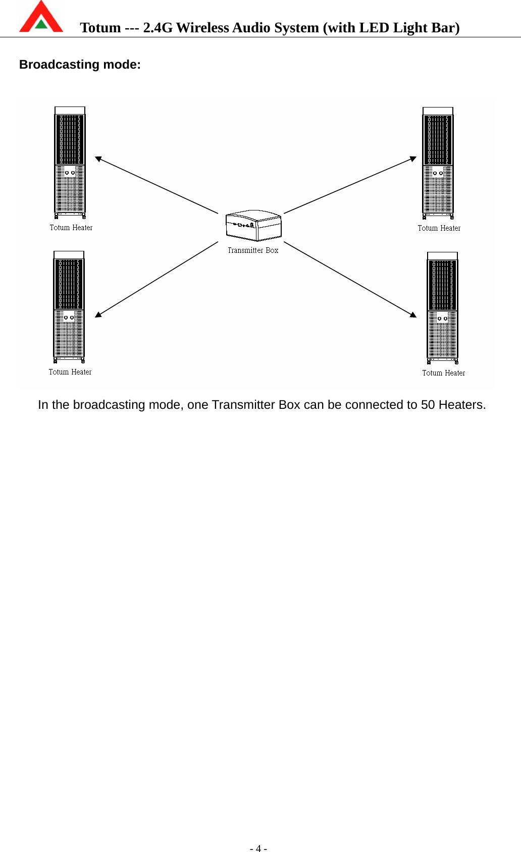    Totum --- 2.4G Wireless Audio System (with LED Light Bar)           - 4 -  Broadcasting mode:   In the broadcasting mode, one Transmitter Box can be connected to 50 Heaters.  