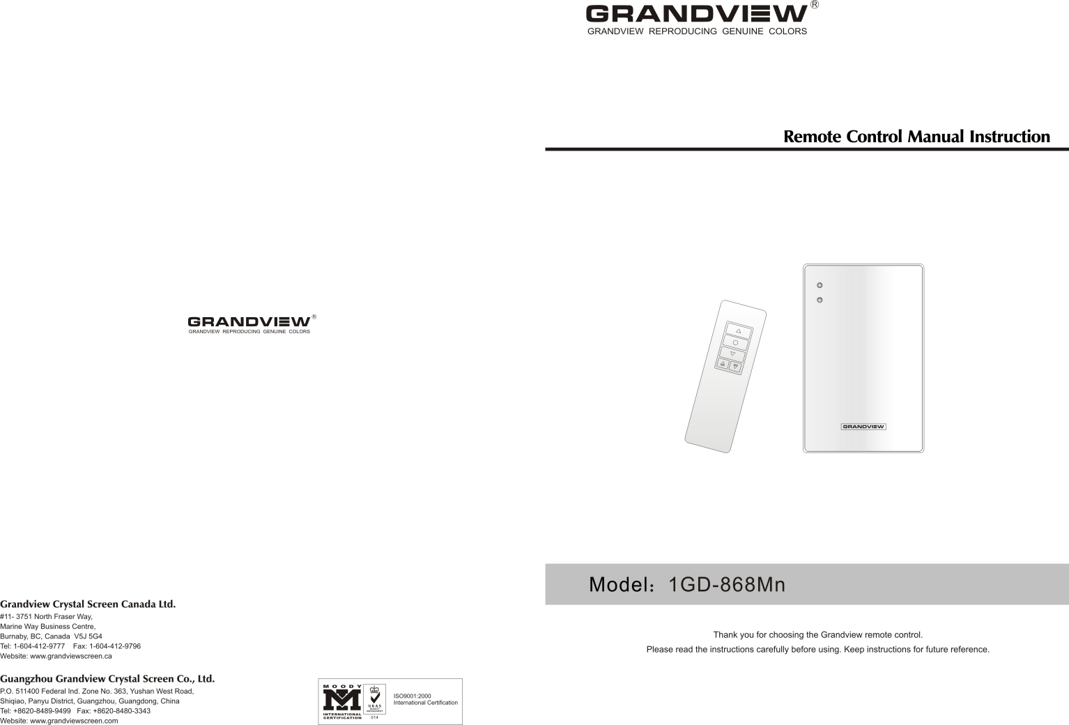 GRANDVIEW CRYSTAL SCREEN 1GD868MN RADIO FREQUENCY REMOTE CONTROL User