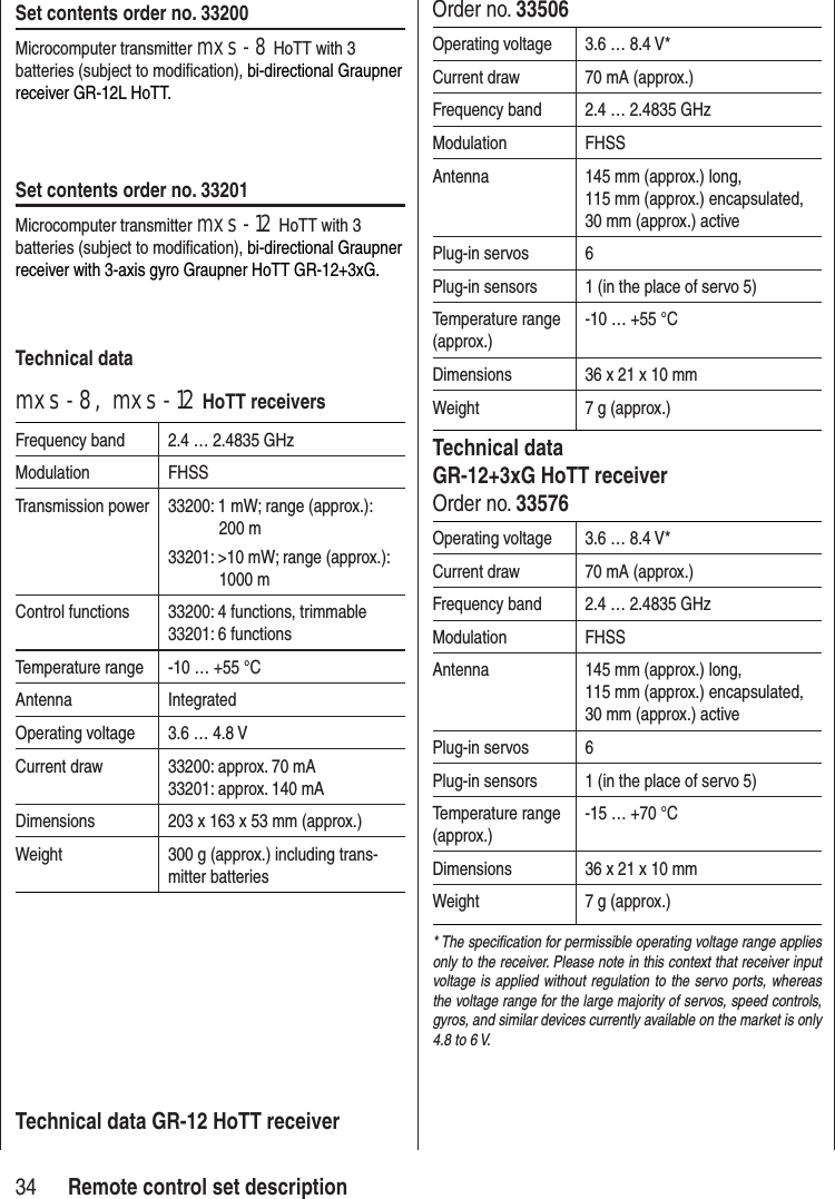 Set contents order no. 33200Microcomputer transmitter mxs-8 HoTT with 3 batteries (subject to modification), bi-directional Graupner receiver GR-12L HoTT.Set contents order no. 33201Microcomputer transmitter mxs-12 HoTT with 3 batteries (subject to modification), bi-directional Graupner receiver with 3-axis gyro Graupner HoTT GR-12+3xG.Technical data mxs-8, mxs-12 HoTT receiversFrequency band 2.4 … 2.4835 GHzModulation FHSSTransmission power 33200: 1 mW; range (approx.): 200 m33201: >10 mW; range (approx.): 1000 mControl functions 33200: 4 functions, trimmable33201: 6 functionsTemperature range -10 … +55 °CAntenna IntegratedOperating voltage 3.6 … 4.8 VCurrent draw 33200: approx. 70 mA33201: approx. 140 mADimensions 203 x 163 x 53 mm (approx.)Weight 300 g (approx.) including trans-mitter batteriesTechnical data GR-12 HoTT receiverOrder no. 33506Operating voltage 3.6 … 8.4 V*Current draw 70 mA (approx.)Frequency band 2.4 … 2.4835 GHzModulation FHSSAntenna 145 mm (approx.) long,115 mm (approx.) encapsulated,30 mm (approx.) activePlug-in servos 6Plug-in sensors 1 (in the place of servo 5)Temperature range (approx.)-10 … +55 °CDimensions 36 x 21 x 10 mmWeight 7 g (approx.)Technical dataGR-12+3xG HoTT receiverOrder no. 33576Operating voltage 3.6 … 8.4 V*Current draw 70 mA (approx.)Frequency band 2.4 … 2.4835 GHzModulation FHSSAntenna 145 mm (approx.) long,115 mm (approx.) encapsulated,30 mm (approx.) activePlug-in servos 6Plug-in sensors 1 (in the place of servo 5)Temperature range (approx.)-15 … +70 °CDimensions 36 x 21 x 10 mmWeight 7 g (approx.)* The specification for permissible operating voltage range applies only to the receiver. Please note in this context that receiver input voltage is applied without regulation to the servo ports, whereas the voltage range for the large majority of servos, speed controls, gyros, and similar devices currently available on the market is only 4.8 to 6 V.34 Remote control set description