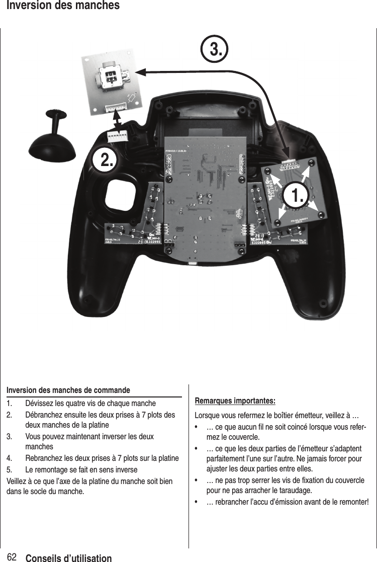 62Inversion des manches de commande1. Dévissez les quatre vis de chaque manche 2. Débranchez ensuite les deux prises à 7 plots des deux manches de la platine3. Vous pouvez maintenant inverser les deux manches4. Rebranchez les deux prises à 7 plots sur la platine5. Le remontage se fait en sens inverseVeillez à ce que l’axe de la platine du manche soit bien dans le socle du manche.Remarques importantes:Lorsque vous refermez le boîtier émetteur, veillez à …• … ce que aucun fil ne soit coincé lorsque vous refer-mez le couvercle.• … ce que les deux parties de l’émetteur s’adaptent parfaitement l’une sur l’autre. Ne jamais forcer pour ajuster les deux parties entre elles.• … ne pas trop serrer les vis de fixation du couvercle pour ne pas arracher le taraudage.• … rebrancher l’accu d’émission avant de le remonter! 1. 2. 3.Conseils d’utilisationInversion des manches