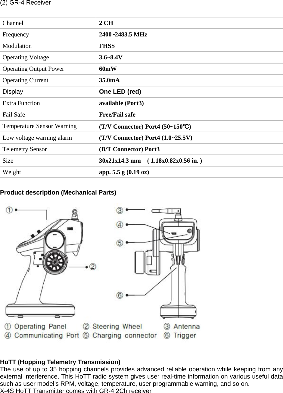  (2) GR-4 Receiver  Channel 2 CH Frequency 2400~2483.5 MHz Modulation FHSS Operating Voltage 3.6~8.4VOperating Output Power 60mW Operating Current 35.0mA Display  One LED (red) Extra Function  available (Port3) Fail Safe  Free/Fail safe Temperature Sensor Warning  (T/V Connector) Port4 (50~150℃) Low voltage warning alarm  (T/V Connector) Port4 (1.0~25.5V) Telemetry Sensor (B/T Connector) Port3 Size 30x21x14.3 mm    ( 1.18x0.82x0.56 in. ) Weight app. 5.5 g (0.19 oz)  Product description (Mechanical Parts)     HoTT (Hopping Telemetry Transmission) The use of up to 35 hopping channels provides advanced reliable operation while keeping from any external interference. This HoTT radio system gives user real-time information on various useful data such as user model’s RPM, voltage, temperature, user programmable warning, and so on. X-4S HoTT Transmitter comes with GR-4 2Ch receiver.      