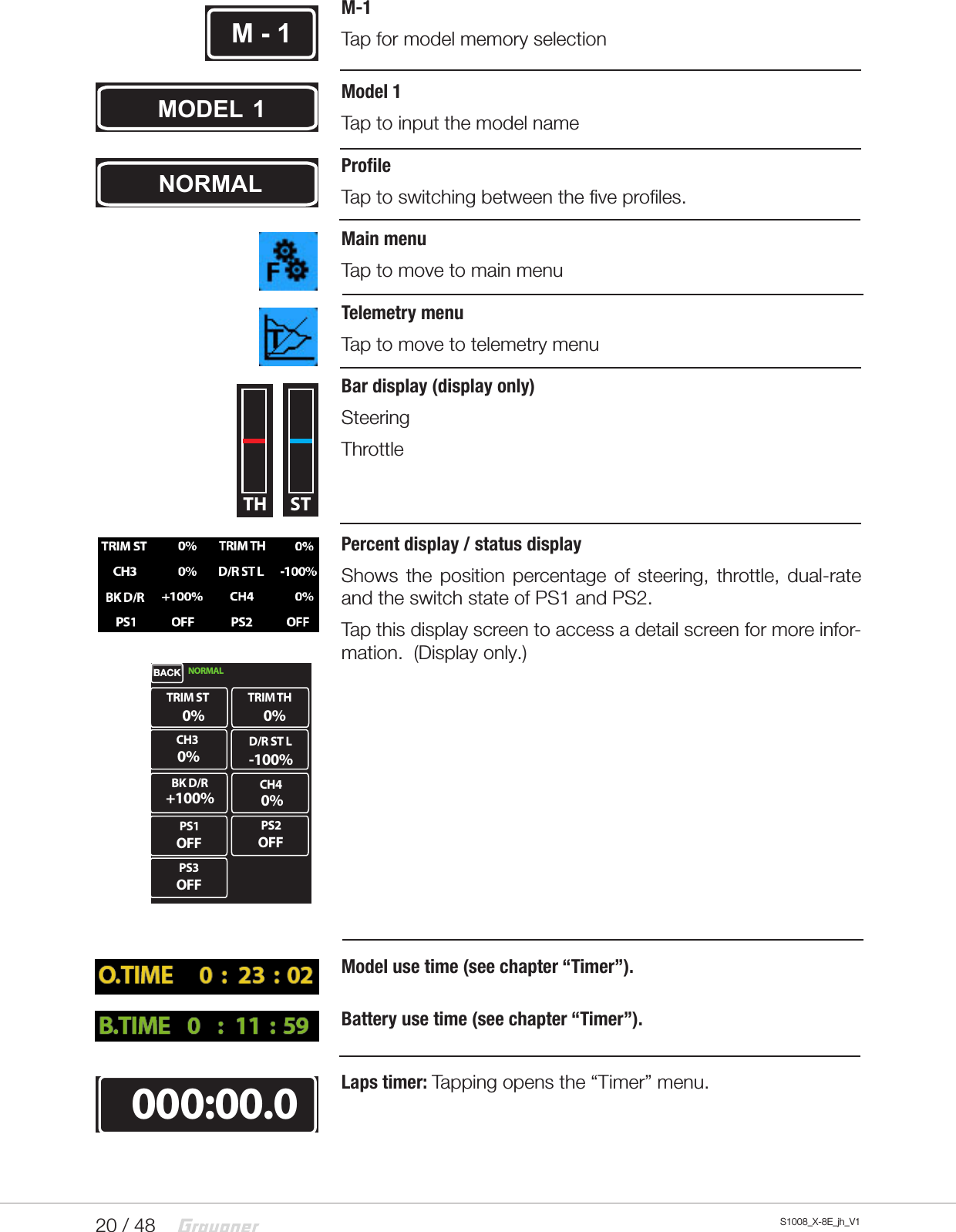 20 / 48 S1008_X-8E_jh_V1BackdfgsdM-1Tap for model memory selectionModel 1Tap to input the model nameProfileTap to switching between the five profiles.Main menuTap to move to main menuTelemetry menuTap to move to telemetry menuBar display (display only)SteeringThrottlePercent display / status displayShows the position percentage of steering, throttle, dual-rate and the switch state of PS1 and PS2.Tap this display screen to access a detail screen for more infor-mation.  (Display only.)Model use time (see chapter “Timer”).Battery use time (see chapter “Timer”).Laps timer: Tapping opens the “Timer” menu.M - 1MODEL  1NORMALTRIM ST BACK NORMAL0%TRIM TH 0%PS1 OFFCH3 0% -100%D/R ST LPS2 OFFPS3 OFFBK D/R +100%CH4 0%000:00.0TH STBACK