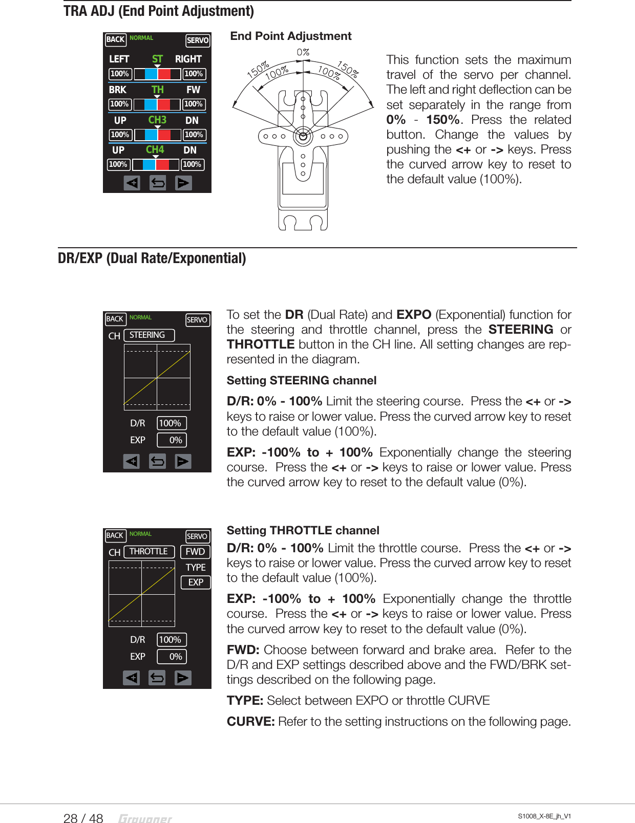 28 / 48 S1008_X-8E_jh_V1TRA ADJ (End Point Adjustment)  End Point AdjustmentThis function sets the maximum travel of the servo per channel. The left and right deflection can be set separately in the range from 0%  -  150%. Press the related button. Change the values by pushing the &lt;+ or -&gt; keys. Press the curved arrow key to reset to the default value (100%).To set the DR (Dual Rate) and EXPO (Exponential) function for the steering and throttle channel, press the STEERING or THROTTLE button in the CH line. All setting changes are rep-resented in the diagram.Setting STEERING channelD/R: 0% - 100% Limit the steering course.  Press the &lt;+ or -&gt; keys to raise or lower value. Press the curved arrow key to reset to the default value (100%).EXP: -100% to + 100% Exponentially change the steering course.  Press the &lt;+ or -&gt; keys to raise or lower value. Press the curved arrow key to reset to the default value (0%). Setting THROTTLE channelD/R: 0% - 100% Limit the throttle course.  Press the &lt;+ or -&gt; keys to raise or lower value. Press the curved arrow key to reset to the default value (100%).EXP: -100% to + 100% Exponentially change the throttle course.  Press the &lt;+ or -&gt; keys to raise or lower value. Press the curved arrow key to reset to the default value (0%).FWD: Choose between forward and brake area.  Refer to the D/R and EXP settings described above and the FWD/BRK set-tings described on the following page.TYPE: Select between EXPO or throttle CURVECURVE: Refer to the setting instructions on the following page.BACK100%LEFTNORMAL SERVORIGHT100%ST100%BRK FW100%TH100%UP DN100%CH3100%UP DN100%CH4BACKSTEERINGNORMAL SERVOCH100%D/R0%EXPBACKTHROTTLENORMAL SERVOCH100%D/R0%EXPFWDTYPEEXPBACKDR/EXP (Dual Rate/Exponential)