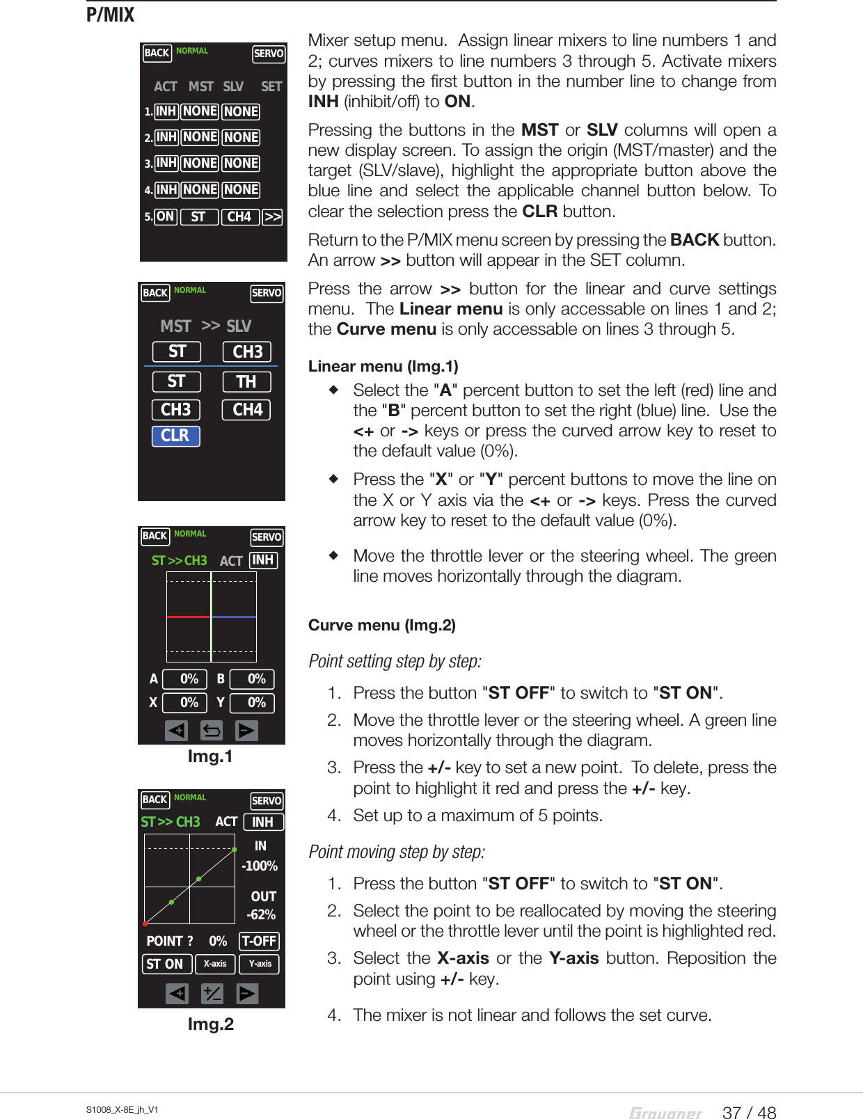 37 / 48S1008_X-8E_jh_V1BACK NORMAL SERVOMST CH3SLV&gt;&gt;STTHSTCH3 CH4CLRImg.1Img.2P/MIXMixer setup menu.  Assign linear mixers to line numbers 1 and 2; curves mixers to line numbers 3 through 5. Activate mixers by pressing the first button in the number line to change from INH (inhibit/off) to ON.Pressing the buttons in the MST or SLV columns will open a new display screen. To assign the origin (MST/master) and the target (SLV/slave), highlight the appropriate button above the blue line and select the applicable channel button below. To clear the selection press the CLR button.Return to the P/MIX menu screen by pressing the BACK button. An arrow &gt;&gt; button will appear in the SET column.  Press the arrow &gt;&gt; button for the linear and curve settings menu.  The Linear menu is only accessable on lines 1 and 2; the Curve menu is only accessable on lines 3 through 5.Linear menu (Img.1) Select the &quot;A&quot; percent button to set the left (red) line and the &quot;B&quot; percent button to set the right (blue) line.  Use the &lt;+ or -&gt; keys or press the curved arrow key to reset to the default value (0%). Press the &quot;X&quot; or &quot;Y&quot; percent buttons to move the line on the X or Y axis via the &lt;+ or -&gt; keys. Press the curved arrow key to reset to the default value (0%). Move the throttle lever or the steering wheel. The green line moves horizontally through the diagram.Curve menu (Img.2)Point setting step by step:1.  Press the button &quot;ST OFF&quot; to switch to &quot;ST ON&quot;.2.  Move the throttle lever or the steering wheel. A green line moves horizontally through the diagram.3.  Press the +/- key to set a new point.  To delete, press the point to highlight it red and press the +/- key.4.  Set up to a maximum of 5 points.Point moving step by step:1.  Press the button &quot;ST OFF&quot; to switch to &quot;ST ON&quot;.2.  Select the point to be reallocated by moving the steering wheel or the throttle lever until the point is highlighted red.3.  Select the X-axis or the Y-axis button. Reposition the point using +/- key.4.  The mixer is not linear and follows the set curve.BACK NORMAL SERVOACTINH1.MST SLV SET2.3.4.5.INHINHINHONNONENONENONENONESTNONENONENONENONECH4 &gt;&gt;BACK NORMAL SERVOST &gt;&gt; CH3 ACT0%AINHBX Y0%0%0%BACKACTNORMAL SERVOX-axisST&gt;&gt; CH3T-OFFPOINT  ?       0%INY-axisST  ONINH-100%OUT-62%