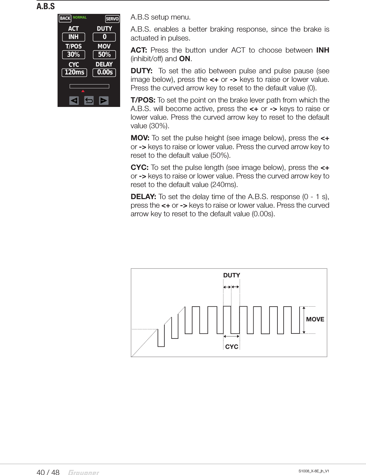 40 / 48 S1008_X-8E_jh_V1A.B.SA.B.S setup menu.A.B.S. enables a better braking response, since the brake is actuated in pulses.ACT: Press the button under ACT to choose between INH (inhibit/off) and ON.DUTY:  To set the atio between pulse and pulse pause (see image below), press the &lt;+ or -&gt; keys to raise or lower value. Press the curved arrow key to reset to the default value (0).T/POS: To set the point on the brake lever path from which the A.B.S. will become active, press the &lt;+ or -&gt; keys to raise or lower value. Press the curved arrow key to reset to the default value (30%).MOV: To set the pulse height (see image below), press the &lt;+ or -&gt; keys to raise or lower value. Press the curved arrow key to reset to the default value (50%).CYC: To set the pulse length (see image below), press the &lt;+ or -&gt; keys to raise or lower value. Press the curved arrow key to reset to the default value (240ms).DELAY: To set the delay time of the A.B.S. response (0 - 1 s), press the &lt;+ or -&gt; keys to raise or lower value. Press the curved arrow key to reset to the default value (0.00s).BACK NORMAL SERVOACTINH DUTYT/POS MOVCYC DELAY030% 50%120ms 0.00sDUTYCYCMOVE