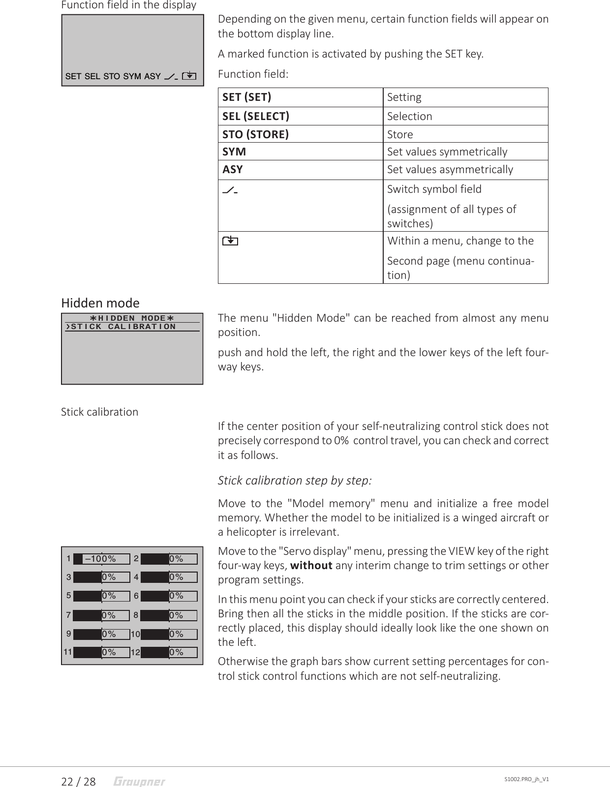 22 / 28 S1002.PRO_jh_V1Function field in the displayDepending on the given menu, certain function fields will appear on the bottom display line.A marked function is activated by pushing the SET key.Function field:SET (SET) SettingSEL (SELECT) SelectionSTO (STORE) StoreSYM Set values symmetricallyASY Set values asymmetricallySwitch symbol field(assignment of all types of switches)Within a menu, change to theSecond page (menu continua-tion)Hidden modeThe menu &quot;Hidden Mode&quot; can be reached from almost any menu position.push and hold the left, the right and the lower keys of the left four-way keys.Stick calibrationIf the center position of your self-neutralizing control stick does not precisely correspond to 0%  control travel, you can check and correct it as follows.Stick calibration step by step:Move to the &quot;Model memory&quot; menu and initialize a free model memory. Whether the model to be initialized is a winged aircraft or a helicopter is irrelevant.Move to the &quot;Servo display&quot; menu, pressing the VIEW key of the right four-way keys, without any interim change to trim settings or other program settings.In this menu point you can check if your sticks are correctly centered. Bring then all the sticks in the middle position. If the sticks are cor-rectly placed, this display should ideally look like the one shown on the left.Otherwise the graph bars show current setting percentages for con-trol stick control functions which are not self-neutralizing. SET SEL  STO  SYM ASY  HIDDEN MODESTICK CALIBRATION1352460%0%0%–100%0%0%780%0%9100%0%11 120%0%