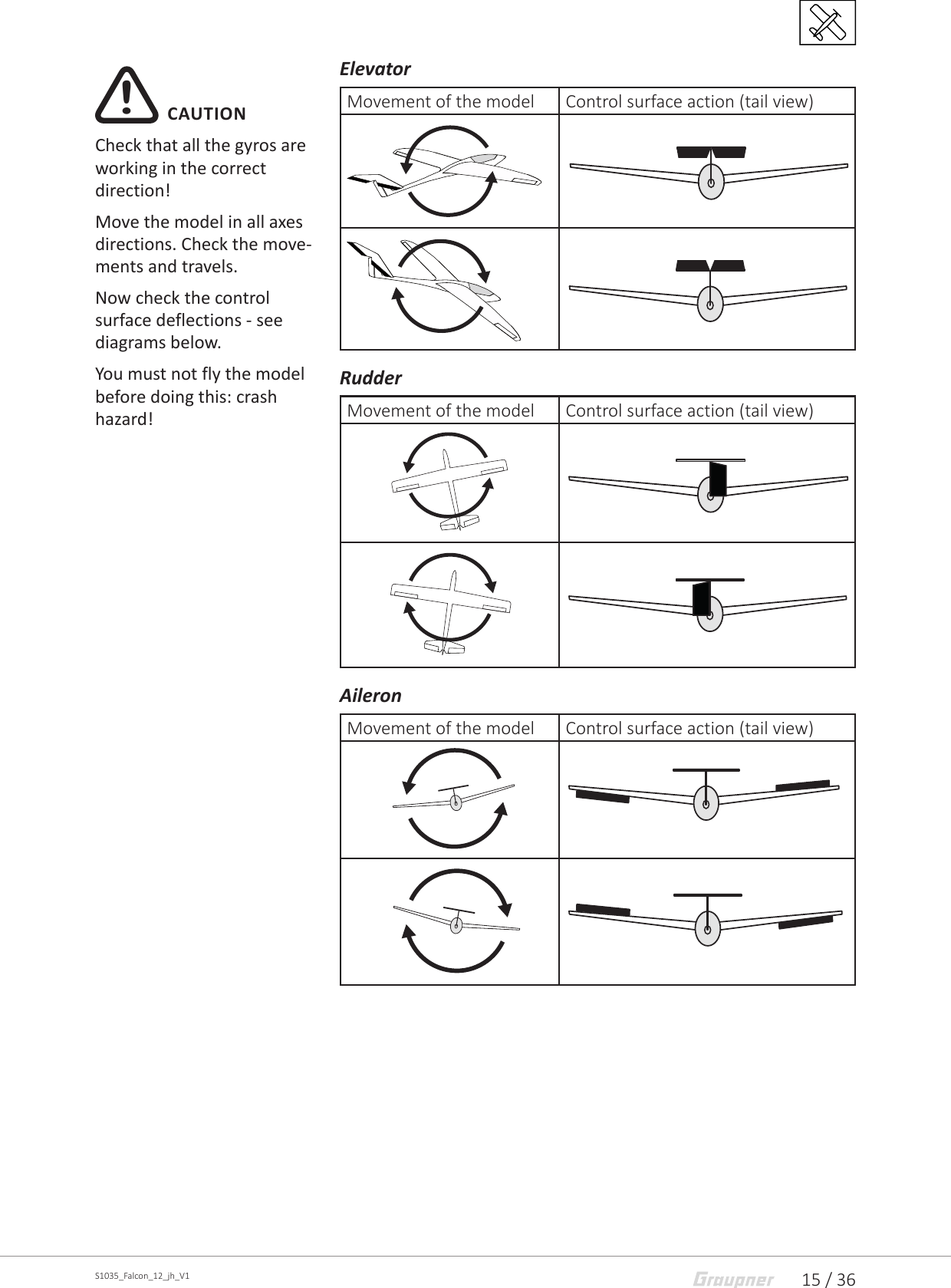 15 / 36S1035_Falcon_12_jh_V1ElevatorMovement of the model Control surface action (tail view)RudderMovement of the model Control surface action (tail view)AileronMovement of the model Control surface action (tail view)!  CAUTIONCheck that all the gyros are working in the correct direction! Move the model in all axes directions. Check the move-ments and travels. Now check the control surface deflections - see diagrams below. You must not fly the model before doing this: crash hazard!