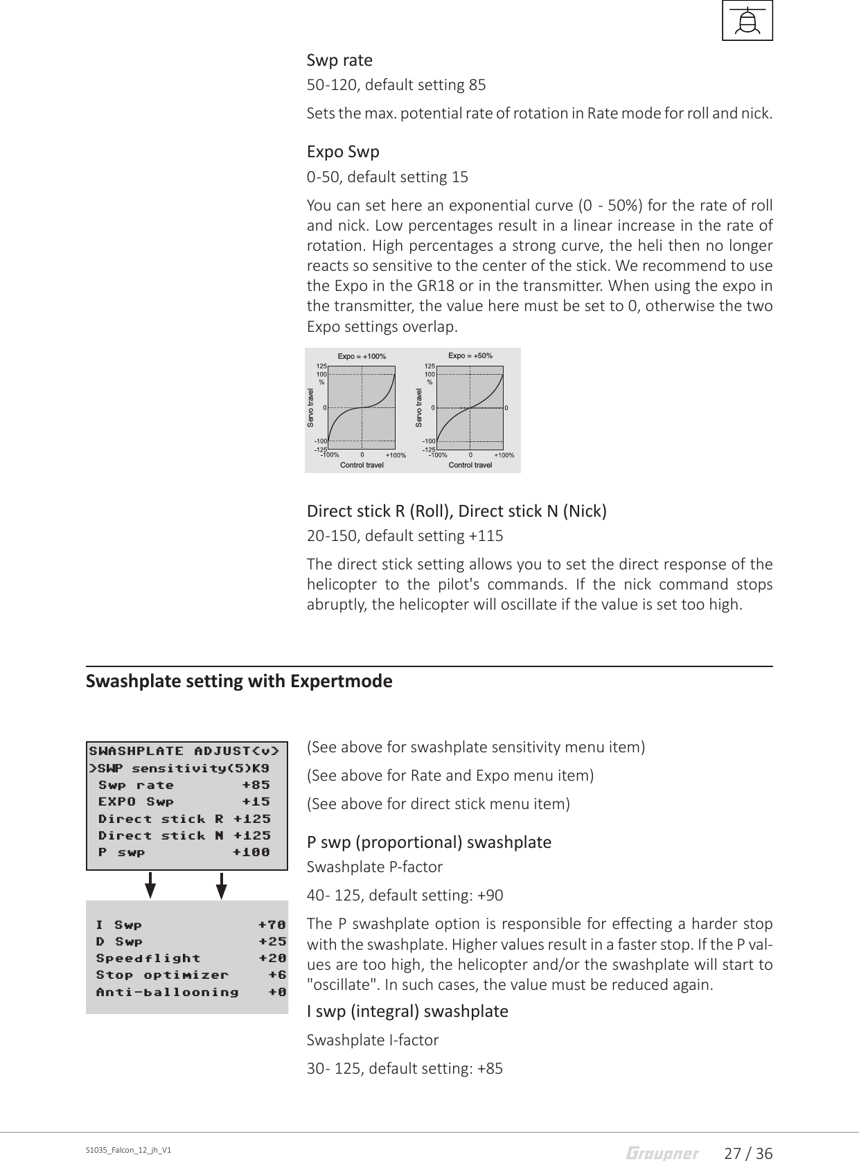 27 / 36S1035_Falcon_12_jh_V1Swp rate50 -120, default setting 85Sets the max. potential rate of rotation in Rate mode for roll and nick. Expo Swp0 -50, default setting 15You can set here an exponential curve (0  - 50%) for the rate of roll and nick. Low percentages result in a linear increase in the rate of rotation. High percentages a strong curve, the heli then no longer reacts so sensitive to the center of the stick. We recommend to use the Expo in the GR18 or in the transmitter. When using the expo in the transmitter, the value here must be set to 0, otherwise the two Expo settings overlap. Direct stick R (Roll), Direct stick N (Nick)20 -150, default setting +115The direct stick setting allows you to set the direct response of the helicopter to the pilot&apos;s commands. If the nick command stops abruptly, the helicopter will oscillate if the value is set too high.Swashplate setting with Expertmode(See above for swashplate sensitivity menu item)(See above for Rate and Expo menu item)(See above for direct stick menu item)P swp (proportional) swashplateSwashplate P-factor 40 - 125, default setting: +90The P swashplate option is responsible for effecting a harder stop with the swashplate. Higher values result in a faster stop. If the P val-ues are too high, the helicopter and/or the swashplate will start to &quot;oscillate&quot;. In such cases, the value must be reduced again.I swp (integral) swashplate Swashplate I-factor30 - 125, default setting: +85Servo travelServo travelServo travelControl travel Control travelControl travelExpo = +100% Expo = +50%Expo = –100%SWASHPLATE ADJUST&lt;v&gt; &gt;SWP sensitivity(5)K9 Swp rate       +85 EXPO Swp       +15 Direct stick R +125 Direct stick N +125 P swp         +100      I Swp            +70 D Swp            +25 Speedflight      +20 Stop optimizer    +6 Anti-ballooning   +0
