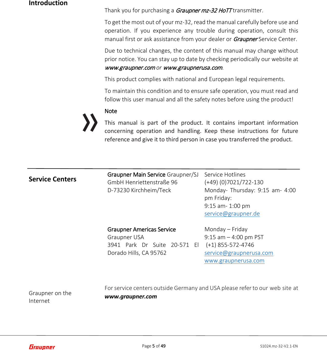 Page 5 of 49 S1024.mz-32-V2.1-ENIntroduction Service Centers Graupner on the Internet Thank you for purchasing a Graupner mz-32 HoTT transmitter. To get the most out of your mz-32, read the manual carefully before use and operation. If you experience any trouble during operation, consult this manual first or ask assistance from your dealer or Graupner Service Center. Due to technical changes, the content of this manual may change without prior notice. You can stay up to date by checking periodically our website at www.graupner.com or www.graupnerusa.com. This product complies with national and European legal requirements. To maintain this condition and to ensure safe operation, you must read and follow this user manual and all the safety notes before using the product! Note This manual is part of the product. It contains important information concerning operation and handling. Keep these instructions for  future reference and give it to third person in case you transferred the product. Graupner Main Service Graupner/SJ GmbH Henriettenstraße 96 D-73230 Kirchheim/Teck Service Hotlines (+49) (0)7021/722-130 Monday-  Thursday: 9:15 am-  4:00 pm Friday: 9:15 am- 1:00 pm service@graupner.de Graupner Americas Service Graupner USA 3941 Park Dr Suite 20-571 El Dorado Hills, CA 95762 Monday – Friday 9:15 am – 4:00 pm PST  (+1) 855-572-4746 service@graupnerusa.com www.graupnerusa.com For service centers outside Germany and USA please refer to our web site at www.graupner.com 