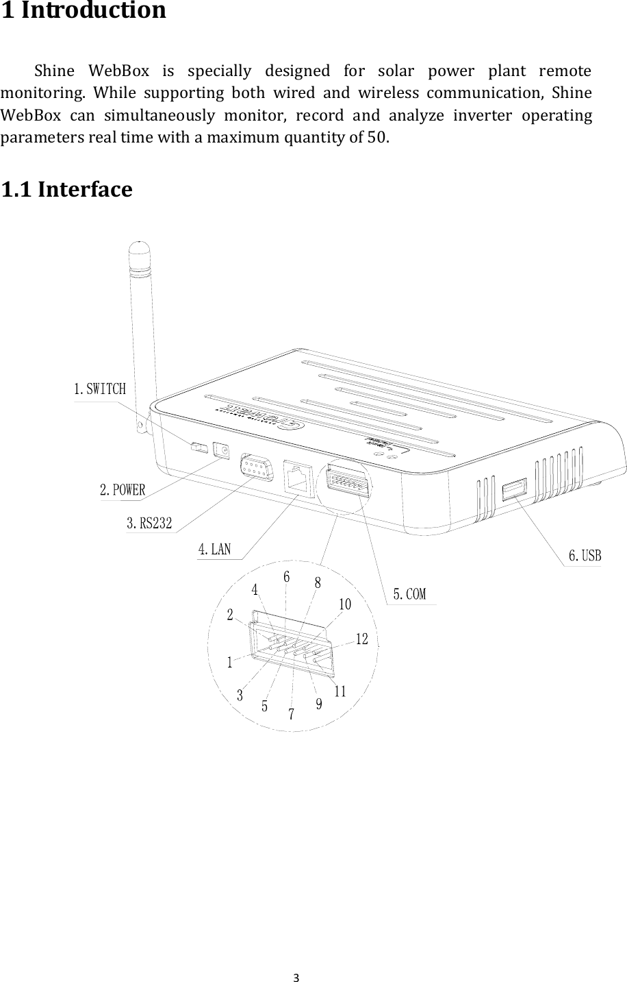 31IntroductionShine WebBox is specially designed for solar power plant remotemonitoring. While supporting both wired and wireless communication, ShineWebBoxcansimultaneouslymonitor, record and analyze inverter operatingparametersrealtimewithamaximumquantityof50. 1.1Interface   