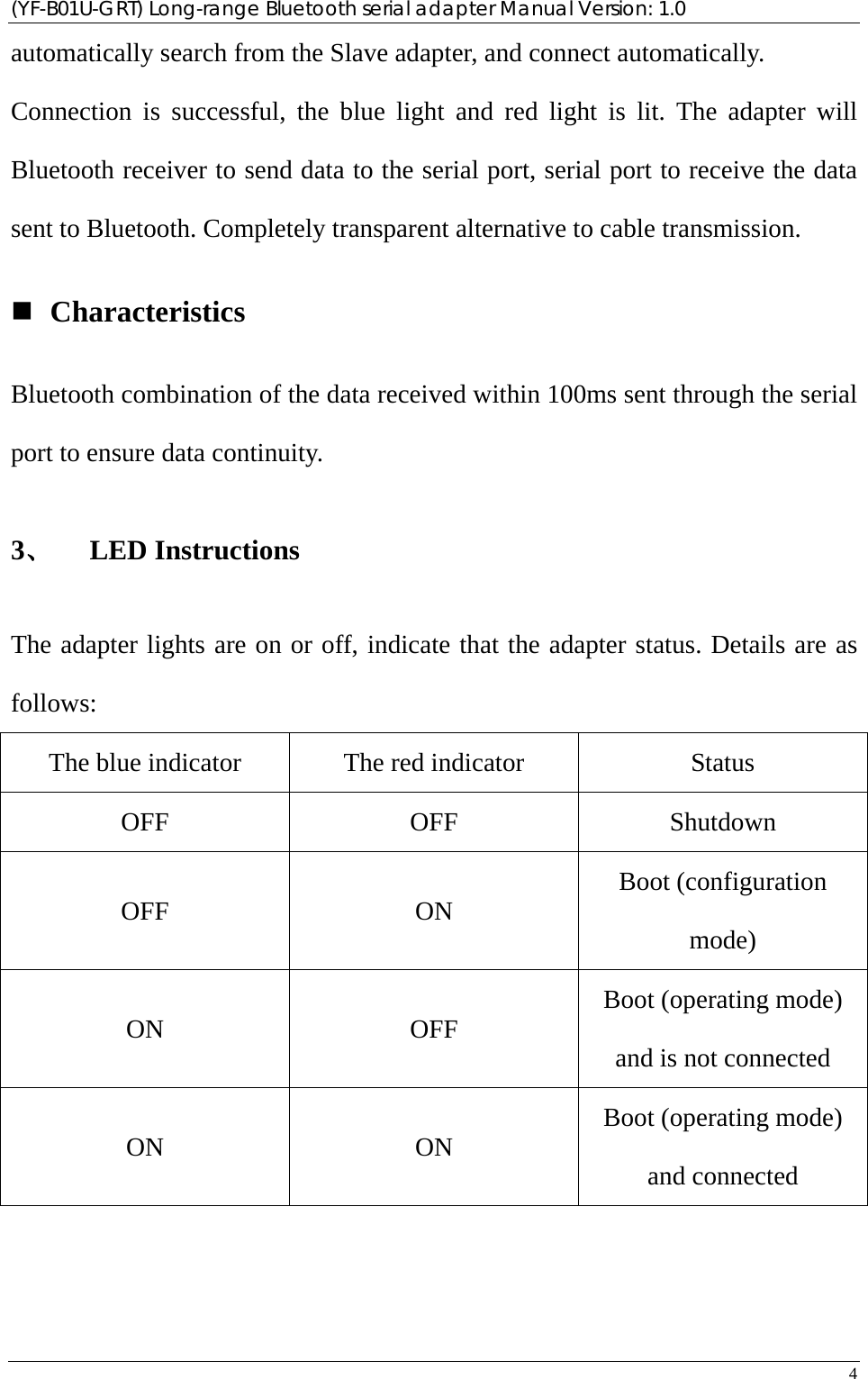 (YF-B01U-GRT) Long-range Bluetooth serial adapter Manual Version: 1.0 4  automatically search from the Slave adapter, and connect automatically. Connection is successful, the blue light and red light is lit. The adapter will Bluetooth receiver to send data to the serial port, serial port to receive the data sent to Bluetooth. Completely transparent alternative to cable transmission.  Characteristics Bluetooth combination of the data received within 100ms sent through the serial port to ensure data continuity. 3、 LED Instructions The adapter lights are on or off, indicate that the adapter status. Details are as follows: The blue indicator  The red indicator  Status OFF OFF Shutdown OFF ON Boot (configuration mode) ON OFF Boot (operating mode) and is not connected ON ON Boot (operating mode) and connected 