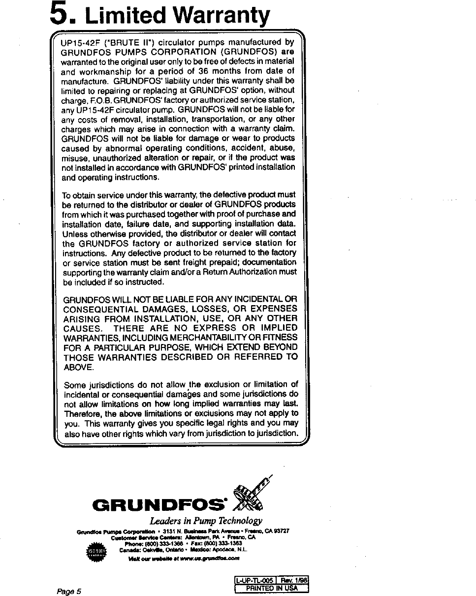 Page 6 of 6 - GRUNDFOS Sump Pump Manual L0210042