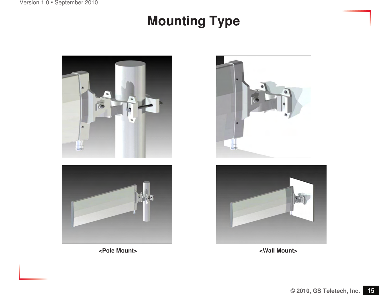 Version 1.0  September 2010© 2010, GS Teletech, Inc. 15Mounting Type                                      &lt;Pole Mount&gt;                                                                           &lt;Wall Mount&gt;