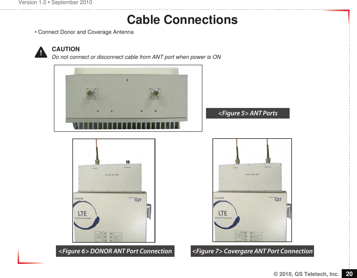 Version 1.0  September 2010© 2010, GS Teletech, Inc. 20Cable Connections• Connect Donor and Coverage Antenna!   CAUTION           Do not connect or disconnect cable from ANT port when power is ON&lt;Figure 5&gt; ANT Ports&lt;Figure 6&gt; DONOR ANT Port Connection &lt;Figure 7&gt; Covergare ANT Port Connection