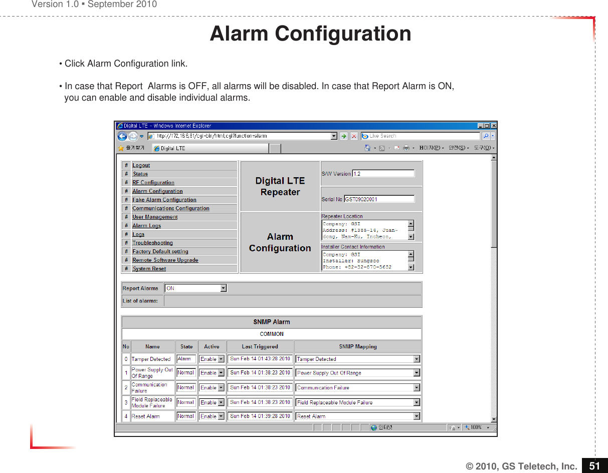 Version 1.0  September 2010© 2010, GS Teletech, Inc. 51Alarm Conguration• Click Alarm Configuration link.• In case that Report  Alarms is OFF, all alarms will be disabled. In case that Report Alarm is ON,   you can enable and disable individual alarms.