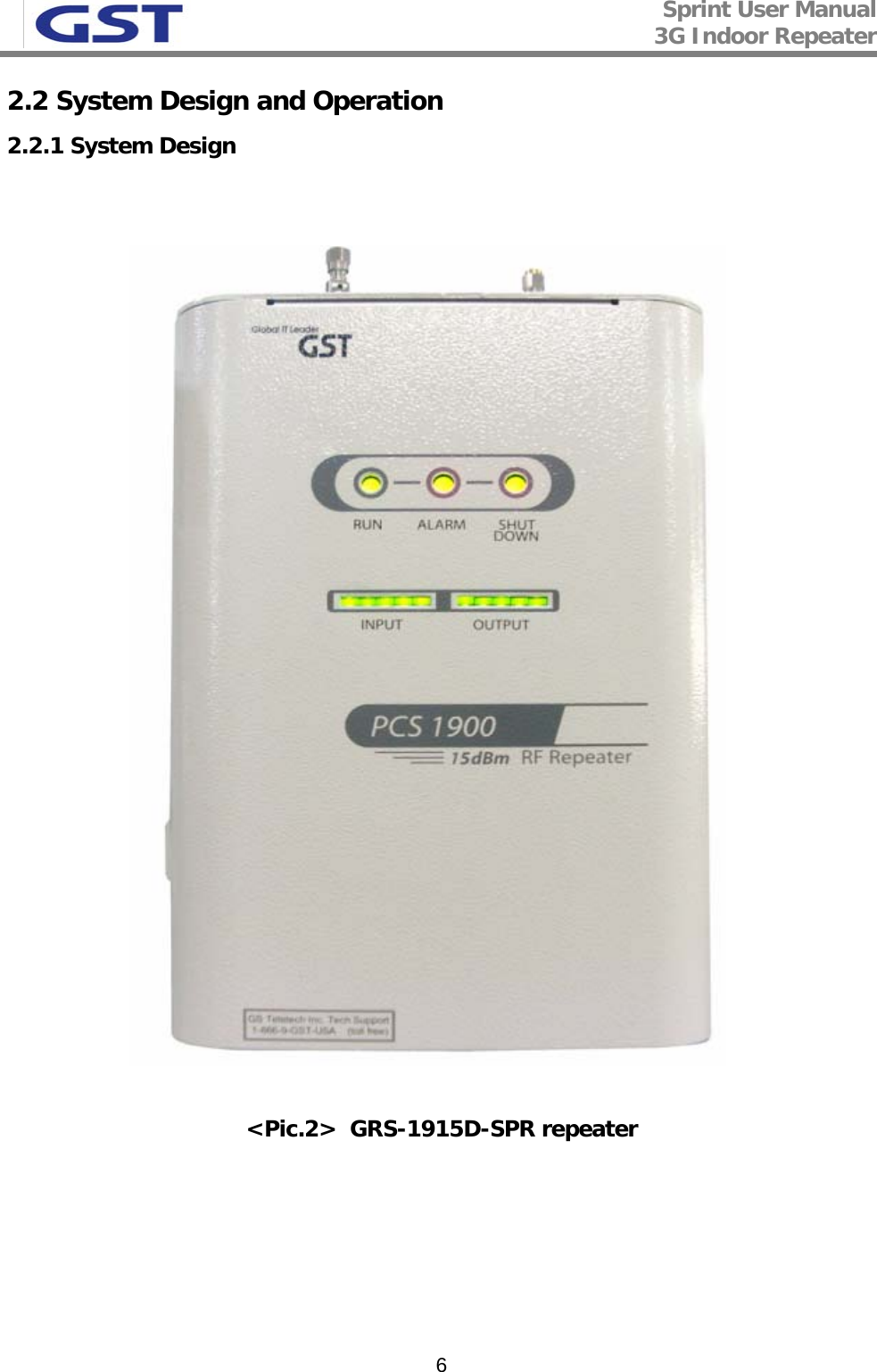 Sprint User Manual 3G Indoor Repeater   62.2 System Design and Operation 2.2.1 System Design     &lt;Pic.2&gt;  GRS-1915D-SPR repeater      