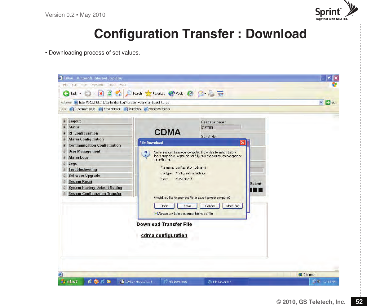 © 2010, GS Teletech, Inc. 52Version 0.2  May 2010Conguration Transfer : Download• Downloading process of set values.