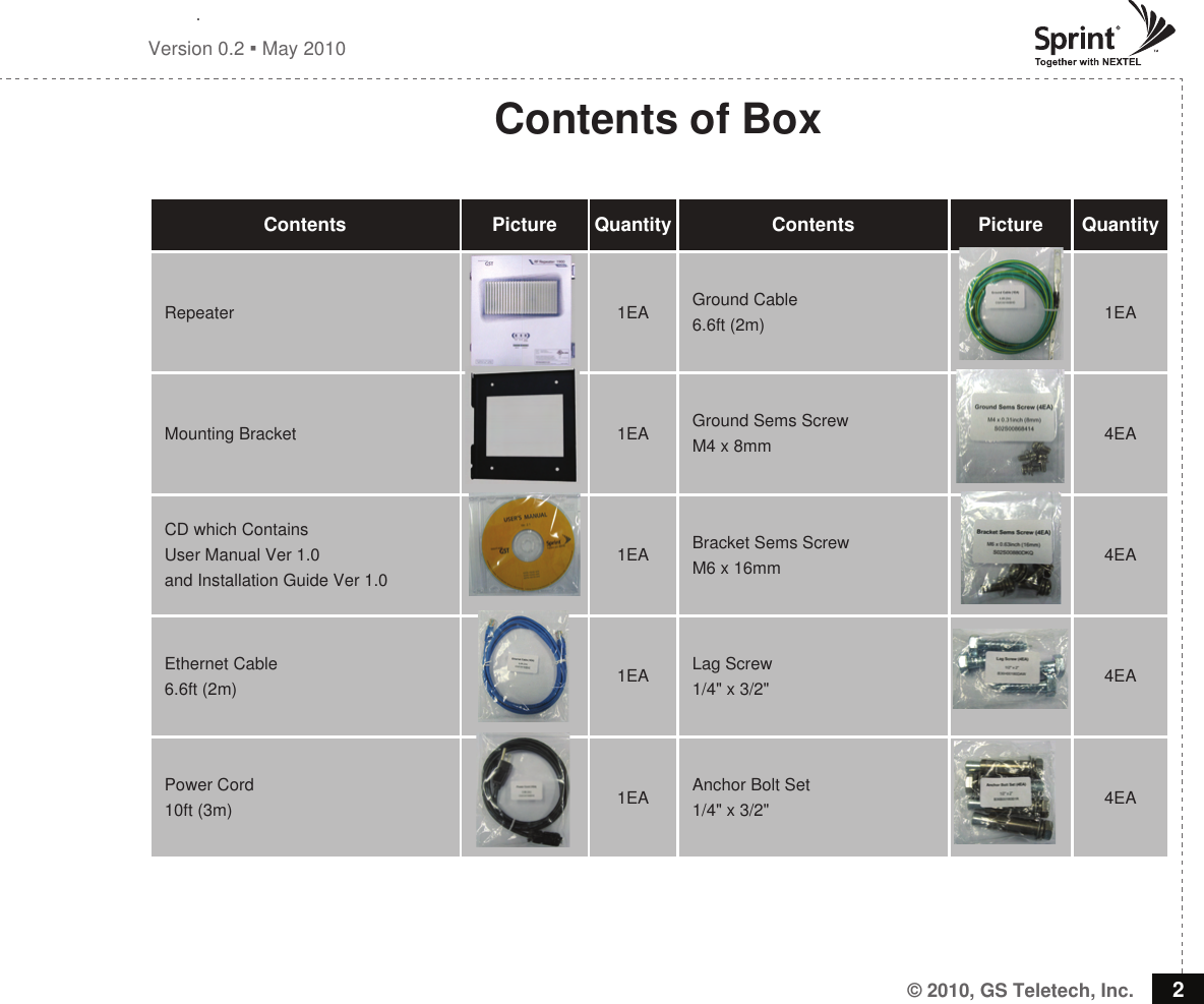 © 2010, GS Teletech, Inc. 2Version 0.2  May 2010Contents of BoxContents Picture Quantity Contents Picture QuantityRepeater 1EA Ground Cable 6.6ft (2m) 1EAMounting Bracket 1EA Ground Sems ScrewM4 x 8mm 4EACD which Contains User Manual Ver 1.0and Installation Guide Ver 1.01EA Bracket Sems ScrewM6 x 16mm 4EAEthernet Cable6.6ft (2m) 1EA Lag Screw 1/4&quot; x 3/2&quot; 4EAPower Cord10ft (3m) 1EA Anchor Bolt Set 1/4&quot; x 3/2&quot; 4EA