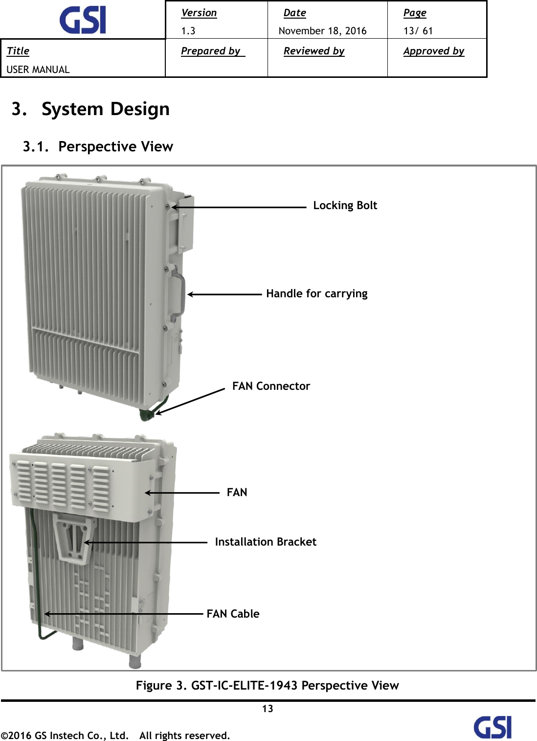  Version 1.3 Date November 18, 2016 Page 13/ 61 Title USER MANUAL Prepared by   Reviewed by  Approved by   13 ©2016 GS Instech Co., Ltd.  All rights reserved.   3.   System Design 3.1.   Perspective View     Figure 3. GST-IC-ELITE-1943 Perspective View Locking Bolt FAN Connector FAN Installation Bracket Handle for carrying FAN Cable 