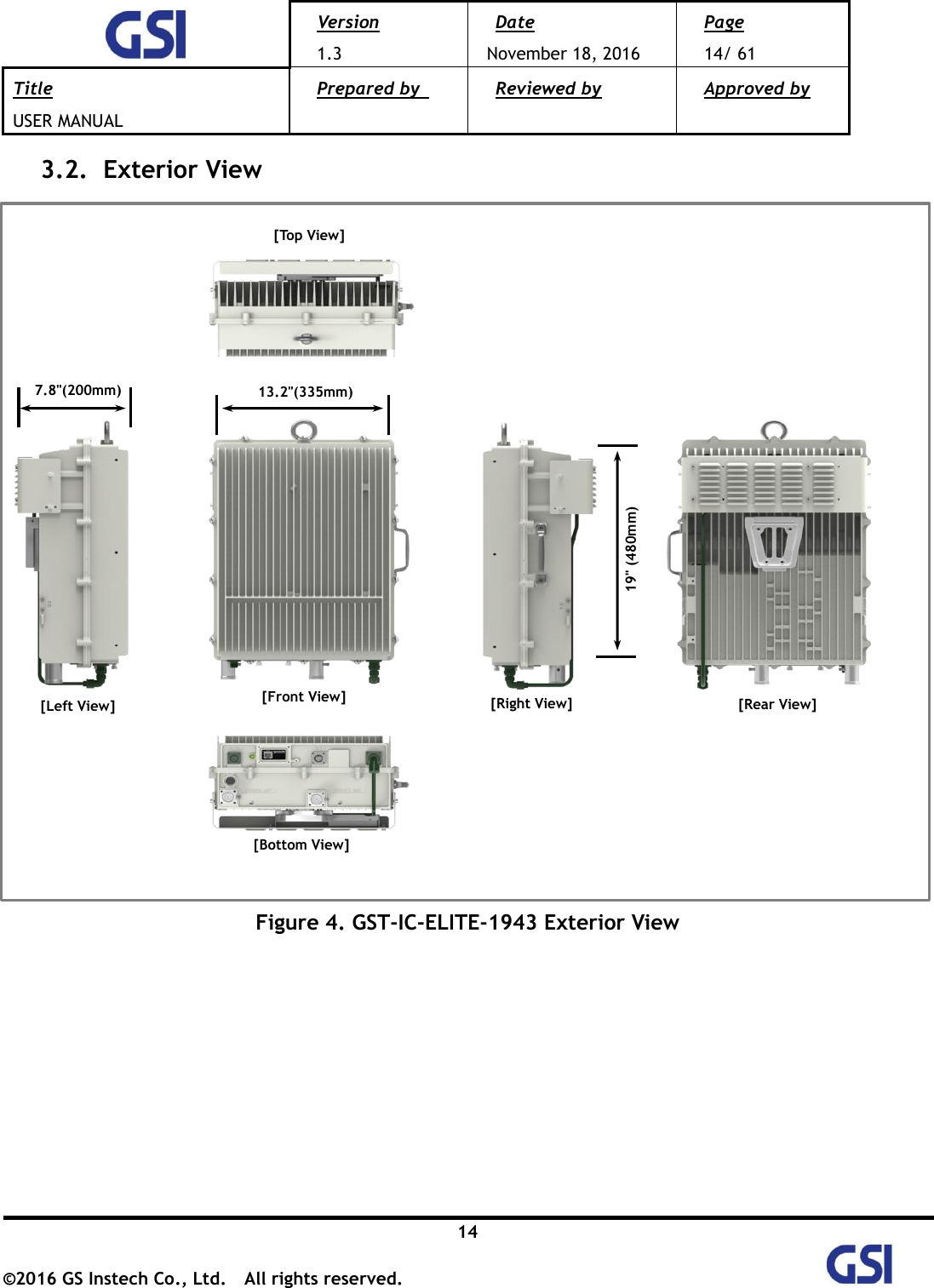  Version 1.3 Date November 18, 2016 Page 14/ 61 Title USER MANUAL Prepared by   Reviewed by  Approved by   14 ©2016 GS Instech Co., Ltd.  All rights reserved.   3.2.   Exterior View      Figure 4. GST-IC-ELITE-1943 Exterior View         7.8&quot;(200mm) 13.2&quot;(335mm) 19&quot; (480mm) [Front View] [Bottom View] [Left View] [Right View] [Top View] [Rear View] 