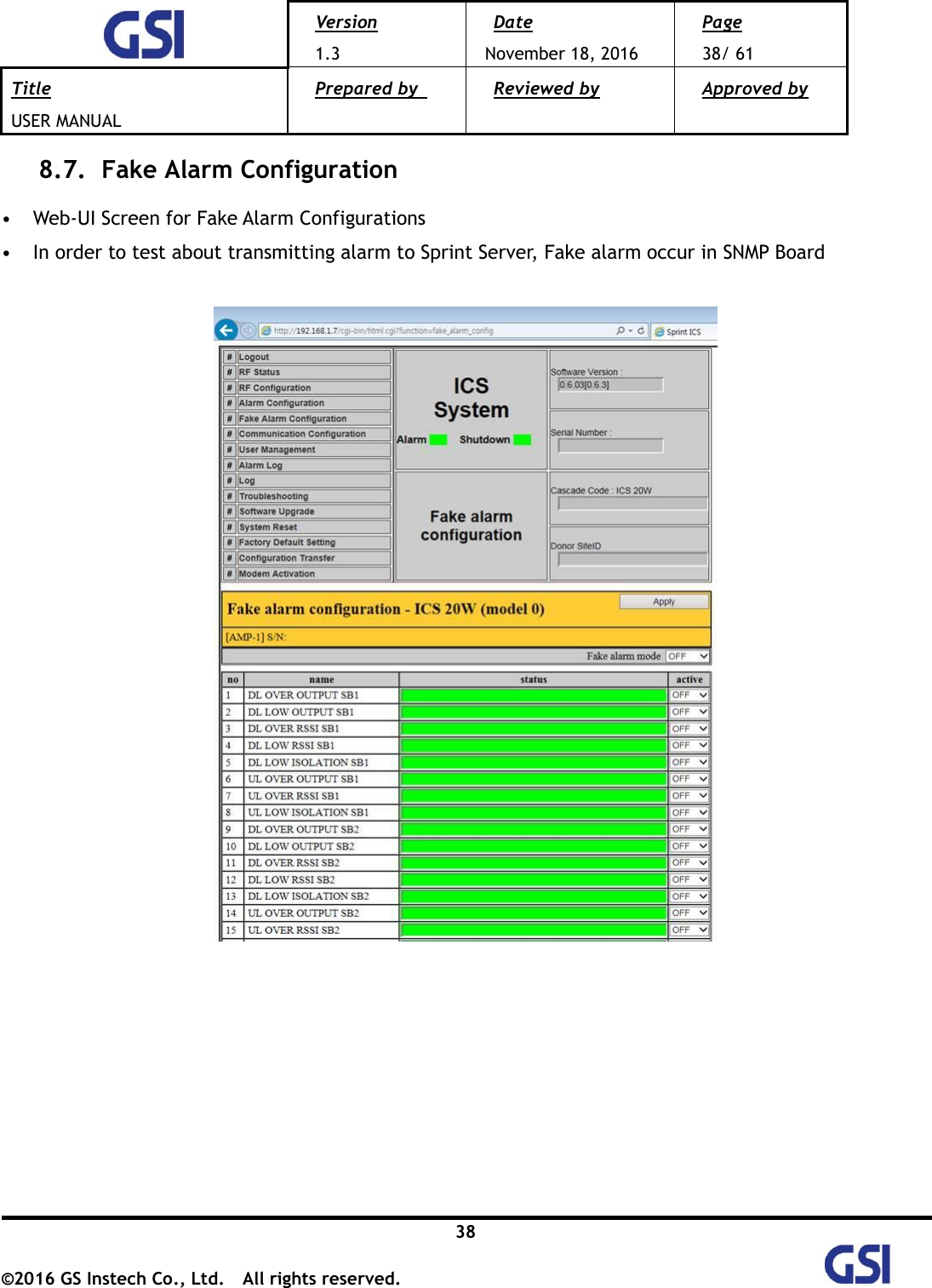  Version 1.3 Date November 18, 2016 Page 38/ 61 Title USER MANUAL Prepared by   Reviewed by  Approved by   38 ©2016 GS Instech Co., Ltd.  All rights reserved.   8.7.   Fake Alarm Configuration  • Web-UI Screen for Fake Alarm Configurations • In order to test about transmitting alarm to Sprint Server, Fake alarm occur in SNMP Board            