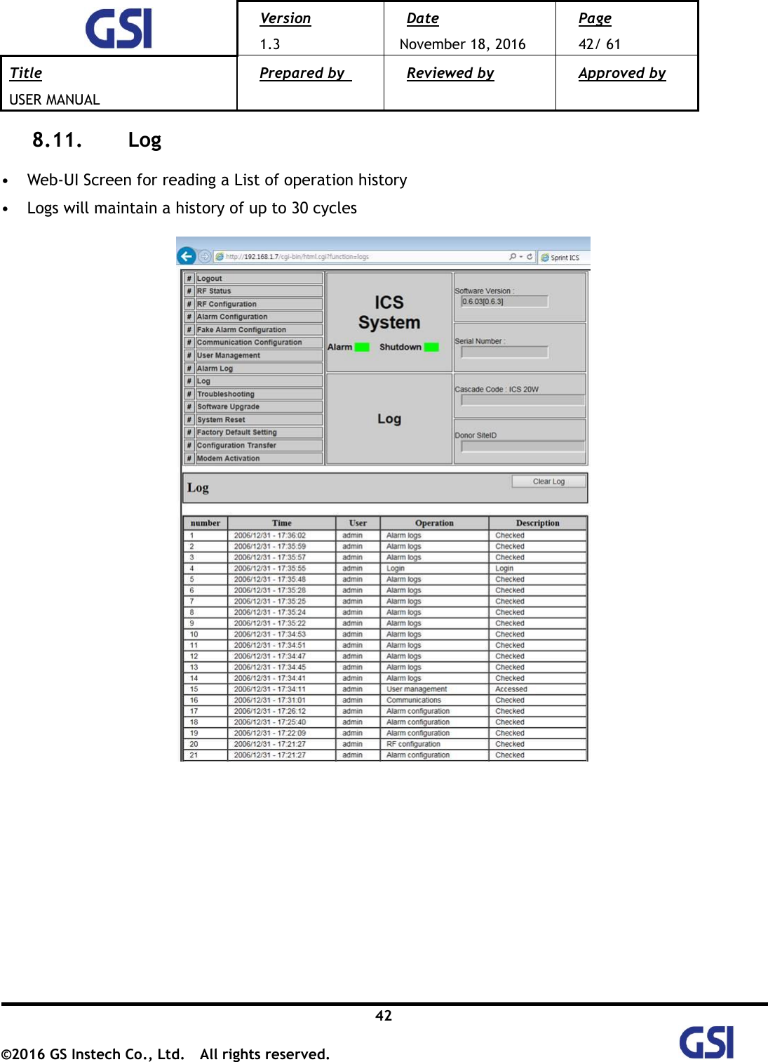  Version 1.3 Date November 18, 2016 Page 42/ 61 Title USER MANUAL Prepared by   Reviewed by  Approved by   42 ©2016 GS Instech Co., Ltd.  All rights reserved.   8.11.   Log  • Web-UI Screen for reading a List of operation history • Logs will maintain a history of up to 30 cycles           