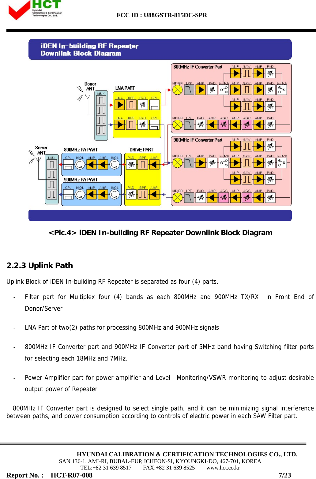  FCC ID : U88GSTR-815DC-SPR                                                                                                                                             HYUNDAI CALIBRATION &amp; CERTIFICATION TECHNOLOGIES CO., LTD. SAN 136-1, AMI-RI, BUBAL-EUP, ICHEON-SI, KYOUNGKI-DO, 467-701, KOREA TEL:+82 31 639 8517    FAX:+82 31 639 8525    www.hct.co.kr Report No. :  HCT-R07-008                                                     7/23  &lt;Pic.4&gt; iDEN In-building RF Repeater Downlink Block Diagram  2.2.3 Uplink Path Uplink Block of iDEN In-building RF Repeater is separated as four (4) parts. - Filter part for Multiplex four (4) bands as each 800MHz and 900MHz TX/RX  in Front End of Donor/Server  - LNA Part of two(2) paths for processing 800MHz and 900MHz signals  - 800MHz IF Converter part and 900MHz IF Converter part of 5MHz band having Switching filter parts for selecting each 18MHz and 7MHz. - Power Amplifier part for power amplifier and Level  Monitoring/VSWR monitoring to adjust desirable output power of Repeater 800MHz IF Converter part is designed to select single path, and it can be minimizing signal interference between paths, and power consumption according to controls of electric power in each SAW Filter part. 