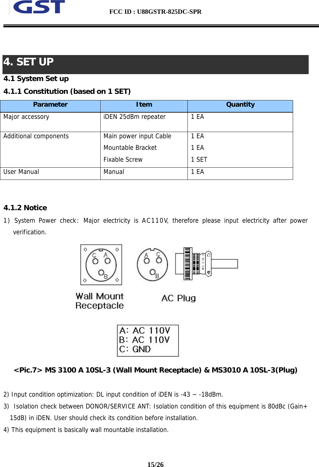  FCC ID : U88GSTR-825DC-SPR                                                                                          15/26    4. SET UP 4.1 System Set up  4.1.1 Constitution (based on 1 SET) Parameter  Item  Quantity Major accessory   iDEN 25dBm repeater  1 EA Additional components  Main power input Cable Mountable Bracket Fixable Screw 1 EA 1 EA 1 SET User Manual  Manual  1 EA   4.1.2 Notice 1) System Power check: Major electricity is AC110V, therefore please input electricity after power verification.   &lt;Pic.7&gt; MS 3100 A 10SL-3 (Wall Mount Receptacle) &amp; MS3010 A 10SL-3(Plug)  2) Input condition optimization: DL input condition of iDEN is -43 ~ -18dBm. 3)  Isolation check between DONOR/SERVICE ANT: Isolation condition of this equipment is 80dBc (Gain+15dB) in iDEN. User should check its condition before installation. 4) This equipment is basically wall mountable installation.  