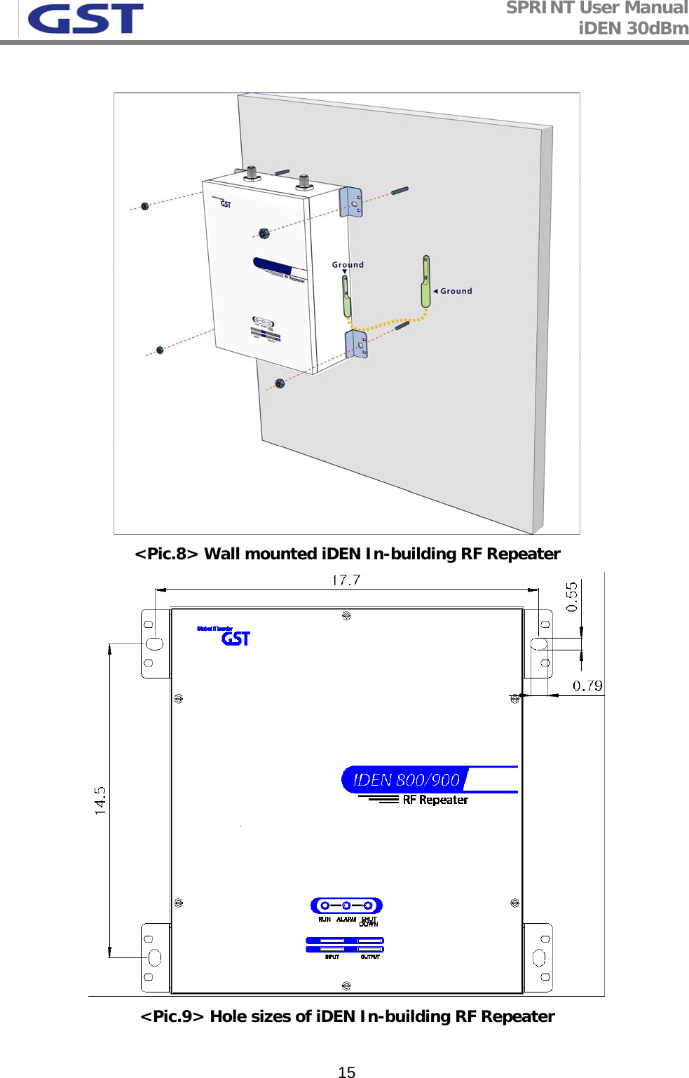 SPRINT User Manual iDEN 30dBm   15  &lt;Pic.8&gt; Wall mounted iDEN In-building RF Repeater    &lt;Pic.9&gt; Hole sizes of iDEN In-building RF Repeater   