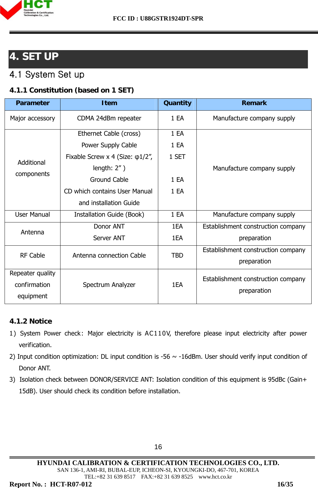 FCC ID : U88GSTR1924DT-SPR                                                                                            HYUNDAI CALIBRATION &amp; CERTIFICATION TECHNOLOGIES CO., LTD. SAN 136-1, AMI-RI, BUBAL-EUP, ICHEON-SI, KYOUNGKI-DO, 467-701, KOREA TEL:+82 31 639 8517    FAX:+82 31 639 8525    www.hct.co.kr Report No. :  HCT-R07-012                                                                                                          16/35 164. SET UP  4.1 System Set up 4.1.1 Constitution (based on 1 SET) Parameter  Item  Quantity Remark Major accessory  CDMA 24dBm repeater  1 EA  Manufacture company supply Additional  components Ethernet Cable (cross) Power Supply Cable Fixable Screw x 4 (Size: φ1/2”, length: 2” ) Ground Cable CD which contains User Manual and installation Guide 1 EA 1 EA 1 SET  1 EA 1 EA  Manufacture company supply User Manual  Installation Guide (Book)  1 EA  Manufacture company supply Antenna  Donor ANT Server ANT 1EA 1EA Establishment construction company  preparation RF Cable  Antenna connection Cable  TBD  Establishment construction company  preparation Repeater quality confirmation equipment Spectrum Analyzer  1EA  Establishment construction company  preparation  4.1.2 Notice 1) System Power check: Major electricity is AC 110 V, therefore please input electricity after power verification.  2) Input condition optimization: DL input condition is -56 ~ -16dBm. User should verify input condition of Donor ANT. 3)  Isolation check between DONOR/SERVICE ANT: Isolation condition of this equipment is 95dBc (Gain+15dB). User should check its condition before installation. 