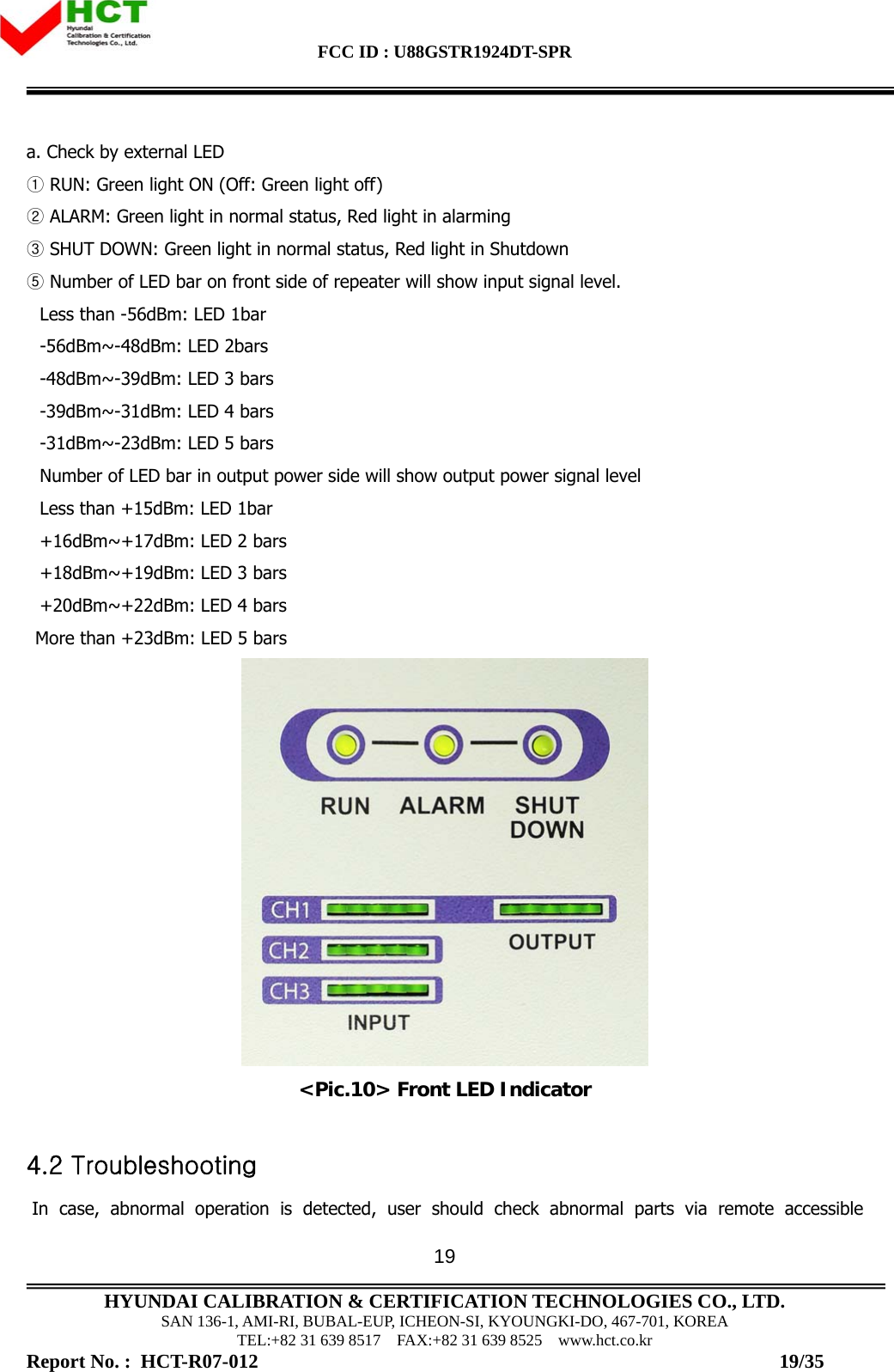 FCC ID : U88GSTR1924DT-SPR                                                                                            HYUNDAI CALIBRATION &amp; CERTIFICATION TECHNOLOGIES CO., LTD. SAN 136-1, AMI-RI, BUBAL-EUP, ICHEON-SI, KYOUNGKI-DO, 467-701, KOREA TEL:+82 31 639 8517    FAX:+82 31 639 8525    www.hct.co.kr Report No. :  HCT-R07-012                                                                                                          19/35 19a. Check by external LED  RUN: Green light ON (Off: Green light off)①  ALARM: Green light in normal status, Red light in alarming②  SHUT DOWN: Green light③ in normal status, Red light in Shutdown    Number of LED bar on front side of repeater will show input signal level. ⑤ Less than -56dBm: LED 1bar -56dBm~-48dBm: LED 2bars -48dBm~-39dBm: LED 3 bars -39dBm~-31dBm: LED 4 bars -31dBm~-23dBm: LED 5 bars Number of LED bar in output power side will show output power signal level  Less than +15dBm: LED 1bar +16dBm~+17dBm: LED 2 bars +18dBm~+19dBm: LED 3 bars +20dBm~+22dBm: LED 4 bars More than +23dBm: LED 5 bars  &lt;Pic.10&gt; Front LED Indicator  4.2 Troubleshooting  In case, abnormal operation is detected, user should check abnormal parts via remote accessible 