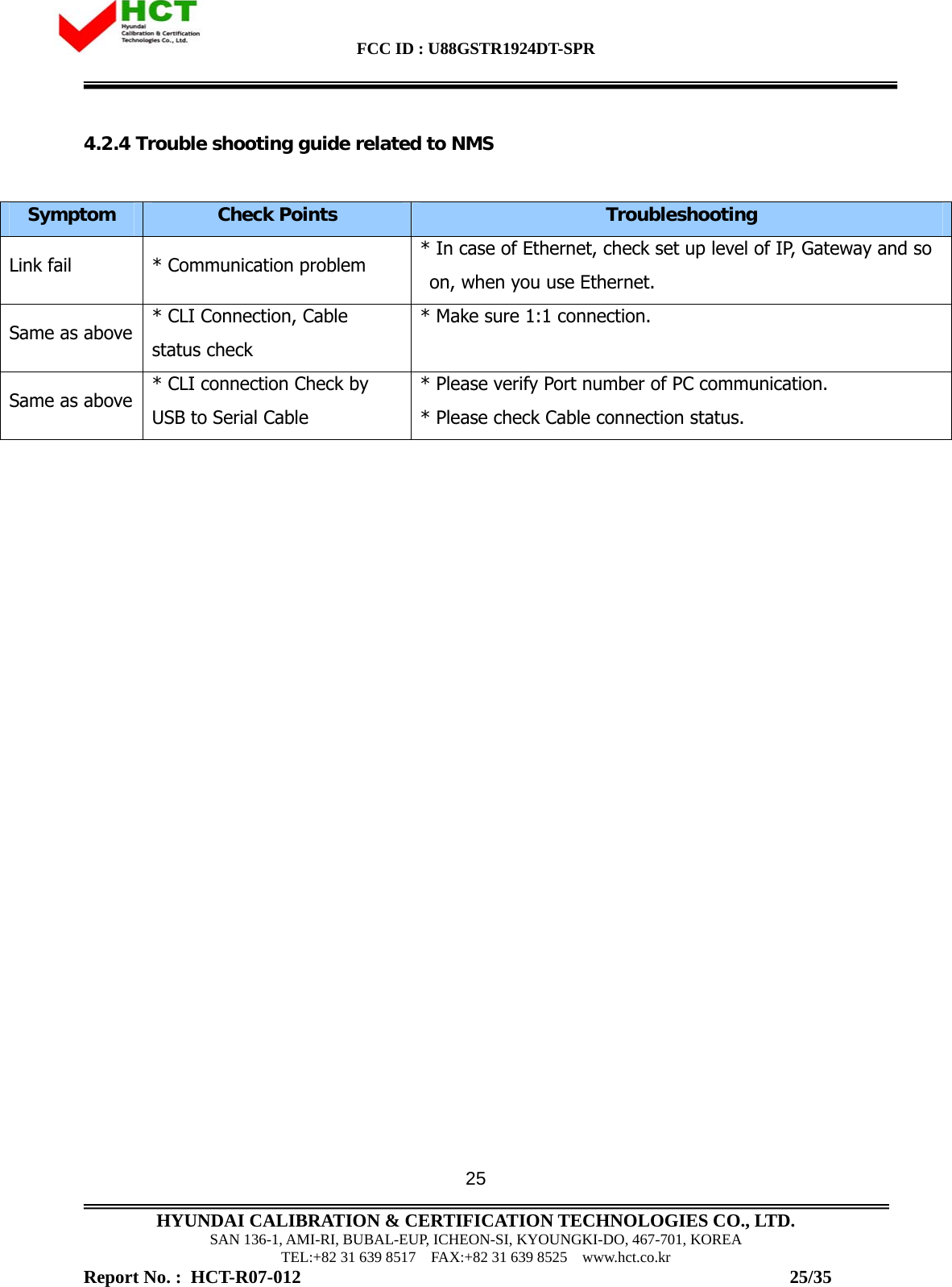 FCC ID : U88GSTR1924DT-SPR                                                                                            HYUNDAI CALIBRATION &amp; CERTIFICATION TECHNOLOGIES CO., LTD. SAN 136-1, AMI-RI, BUBAL-EUP, ICHEON-SI, KYOUNGKI-DO, 467-701, KOREA TEL:+82 31 639 8517    FAX:+82 31 639 8525    www.hct.co.kr Report No. :  HCT-R07-012                                                                                                          25/35 254.2.4 Trouble shooting guide related to NMS  Symptom  Check Points  Troubleshooting Link fail   * Communication problem  * In case of Ethernet, check set up level of IP, Gateway and so on, when you use Ethernet. Same as above   * CLI Connection, Cable status check  * Make sure 1:1 connection. Same as above  * CLI connection Check by USB to Serial Cable  * Please verify Port number of PC communication. * Please check Cable connection status. 