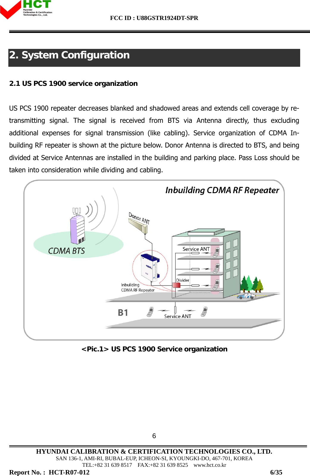 FCC ID : U88GSTR1924DT-SPR                                                                                            HYUNDAI CALIBRATION &amp; CERTIFICATION TECHNOLOGIES CO., LTD. SAN 136-1, AMI-RI, BUBAL-EUP, ICHEON-SI, KYOUNGKI-DO, 467-701, KOREA TEL:+82 31 639 8517    FAX:+82 31 639 8525    www.hct.co.kr Report No. :  HCT-R07-012                                                                                                          6/35 62. System Configuration  2.1 US PCS 1900 service organization  US PCS 1900 repeater decreases blanked and shadowed areas and extends cell coverage by re-transmitting signal. The signal is received from BTS via Antenna directly, thus excluding additional expenses for signal transmission (like cabling). Service organization of CDMA In-building RF repeater is shown at the picture below. Donor Antenna is directed to BTS, and being divided at Service Antennas are installed in the building and parking place. Pass Loss should be taken into consideration while dividing and cabling.   &lt;Pic.1&gt; US PCS 1900 Service organization  