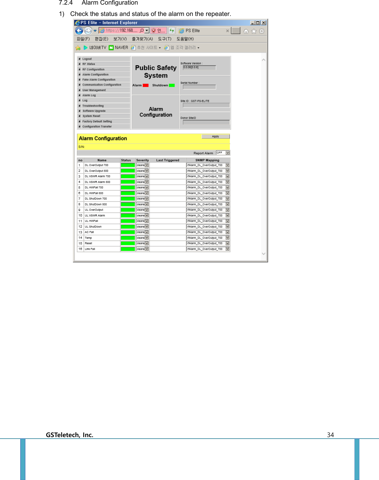  GSTeletech, Inc.    34 7.2.4 Alarm Configuration 1) Check the status and status of the alarm on the repeater.     