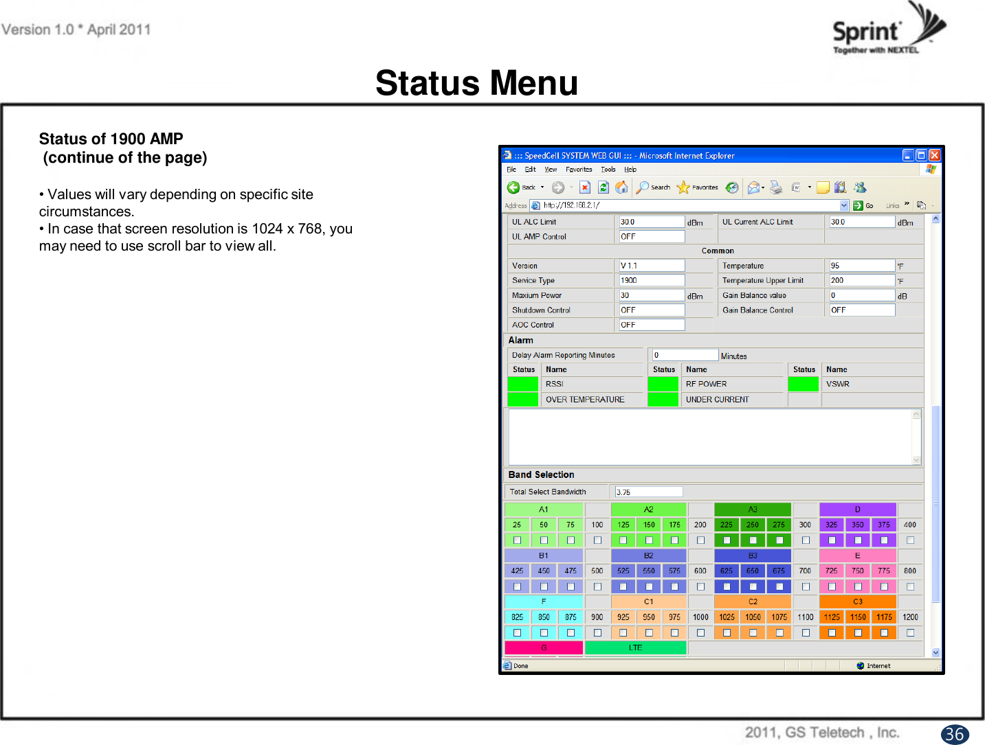 Status of 1900 AMP(continue of the page)• Values will vary depending on specific site circumstances.• In case that screen resolution is 1024 x 768, you may need to use scroll bar to view all.Status Menu36