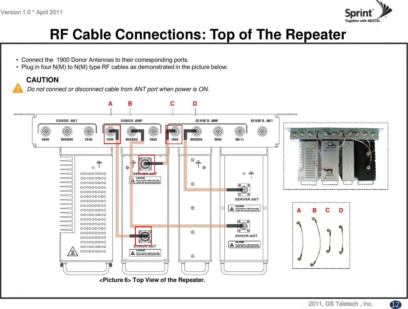 RF Cable Connections: Top of The RepeaterCAUTIONDo not connect or disconnect cable from ANT port when power is ON.•  Connect the  1900 Donor Antennas to their corresponding ports.•  Plug in four N(M) to N(M) type RF cables as demonstrated in the picture below.A B C DA B CD&lt;Picture 6&gt; Top View of the Repeater.12