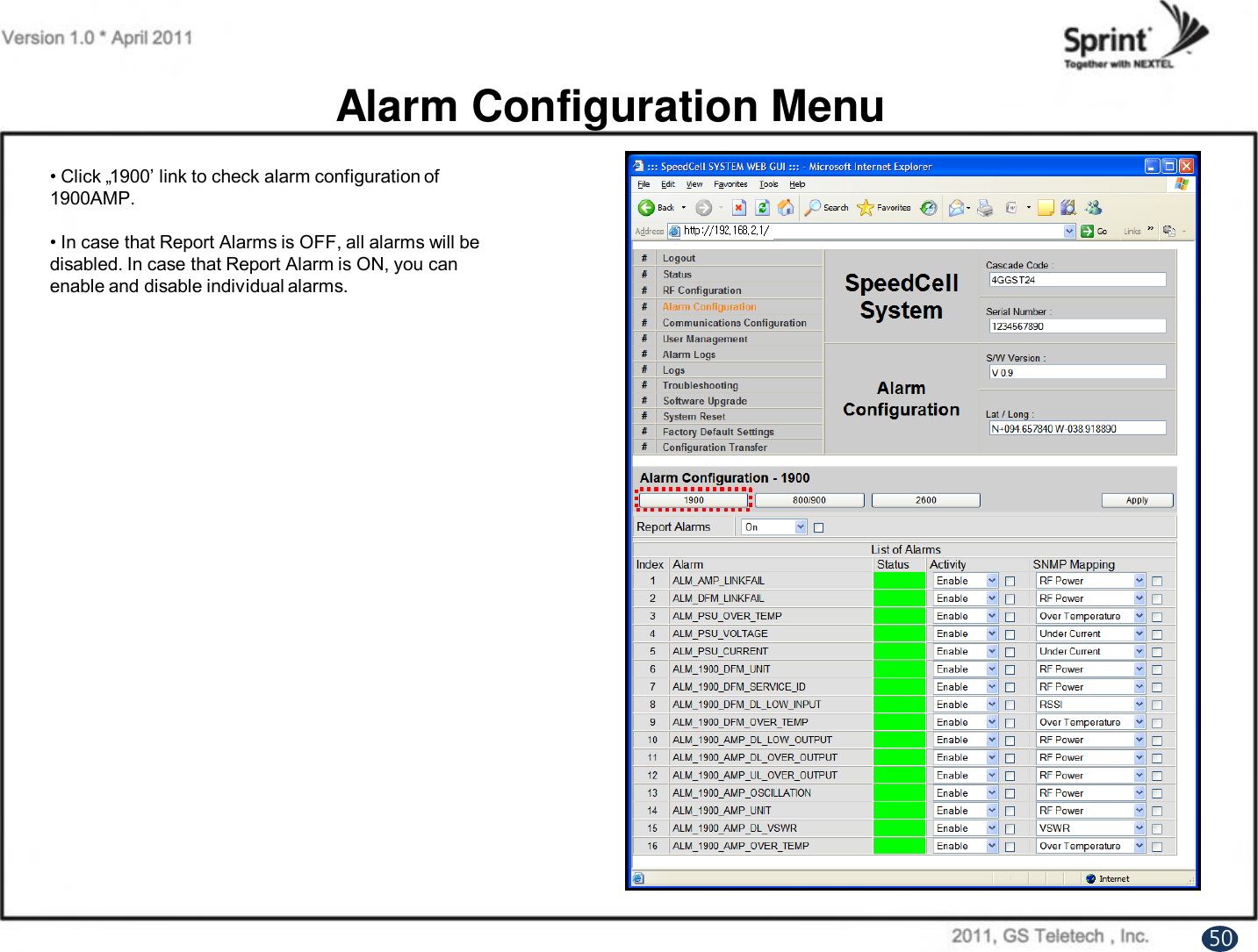 Alarm Configuration Menu• Click „1900‟ link to check alarm configuration of  1900AMP.• In case that Report Alarms is OFF, all alarms will be disabled. In case that Report Alarm is ON, you can enable and disable individual alarms.50