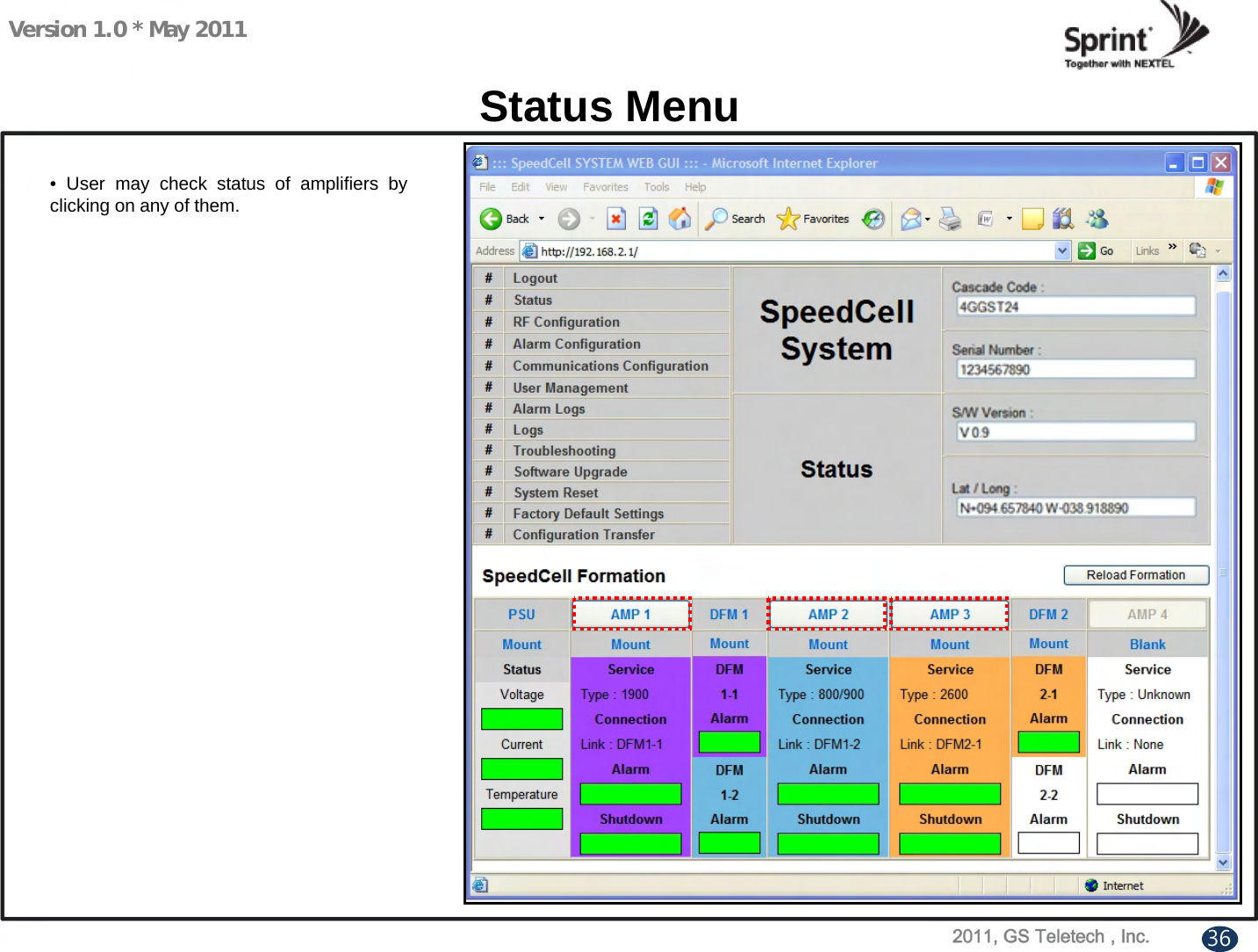 Version 1.0 * May 2011Status Menu• User may check status of amplifiers by clicking on any of them.36