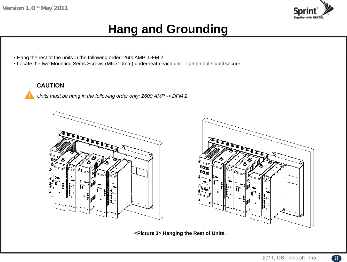 Version 1.0 * May 2011Hang and Grounding• Hang the rest of the units in the following order: 2600AMP, DFM 2.• Locate the two Mounting Sems Screws (M6 x10mm) underneath each unit. Tighten bolts until secure.&lt;Picture 3&gt; Hanging the Rest of Units. CAUTIONUnits must be hung in the following order only: 2600 AMP -&gt; DFM 28