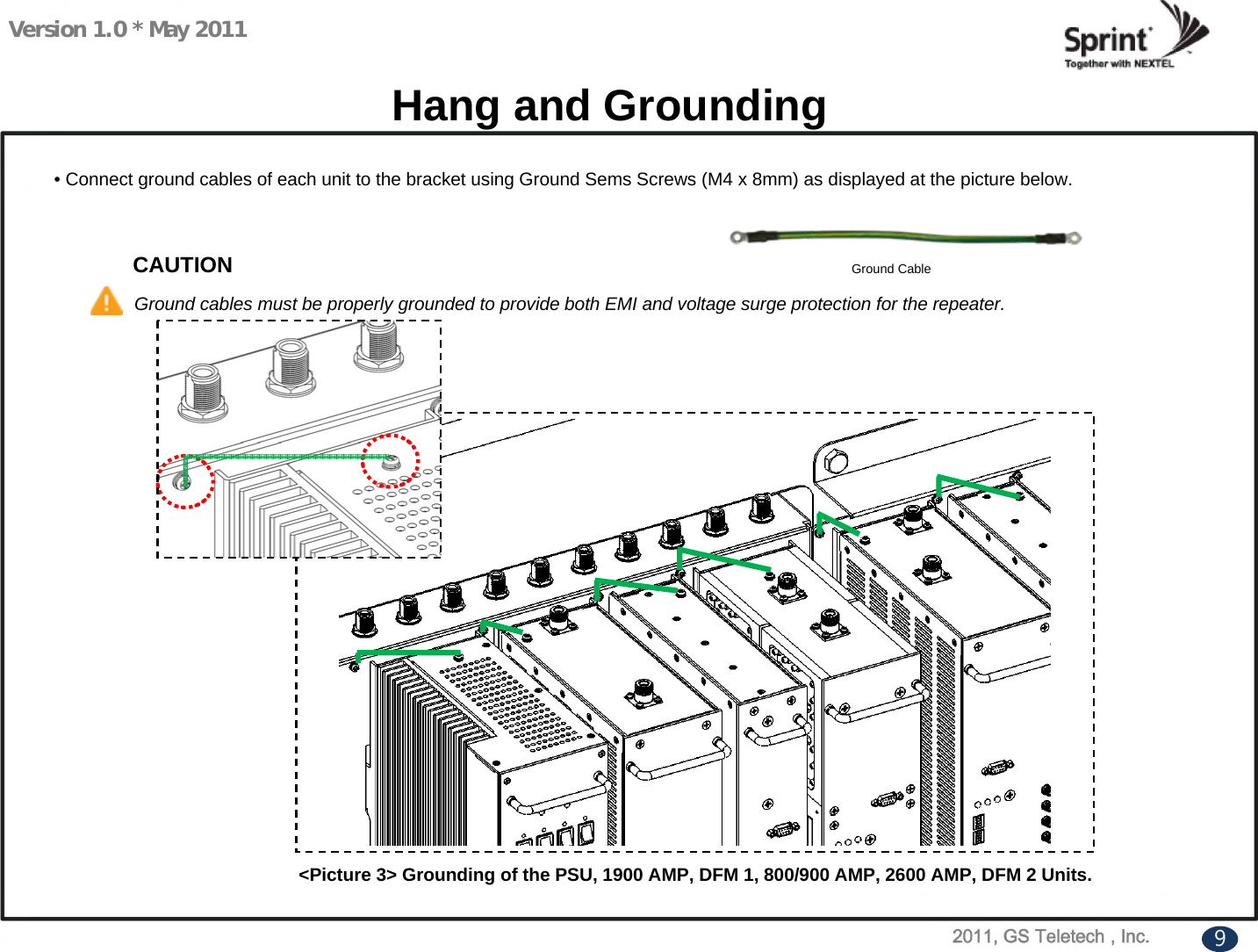 Version 1.0 * May 2011Hang and GroundingGround Cable• Connect ground cables of each unit to the bracket using Ground Sems Screws (M4 x 8mm) as displayed at the picture below.  CAUTIONGround cables must be properly grounded to provide both EMI and voltage surge protection for the repeater.&lt;Picture 3&gt; Grounding of the PSU, 1900 AMP, DFM 1, 800/900 AMP, 2600 AMP, DFM 2 Units.9