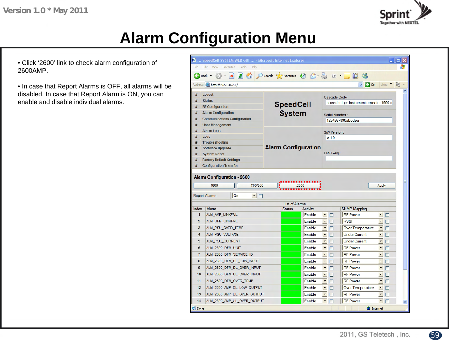 Version 1.0 * May 2011Alarm Configuration Menu• Click ‘2600’ link to check alarm configuration of  2600AMP.• In case that Report Alarms is OFF, all alarms will be disabled. In case that Report Alarm is ON, you can enable and disable individual alarms.59