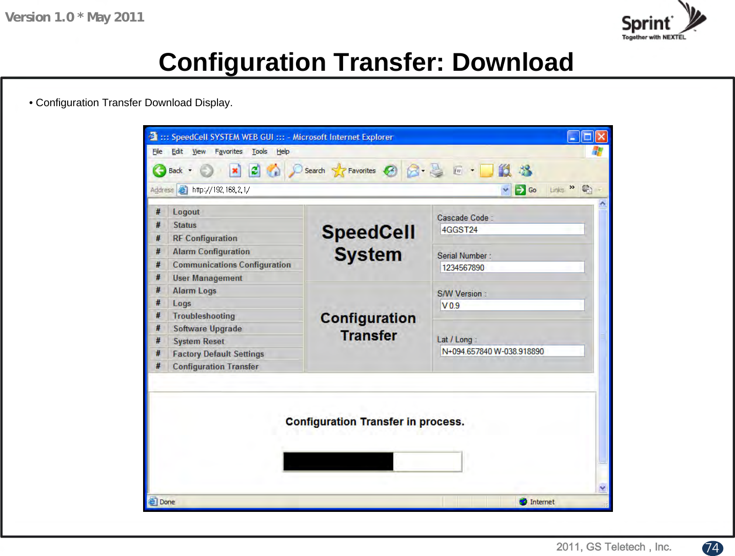 Version 1.0 * May 2011Configuration Transfer: Download• Configuration Transfer Download Display.74