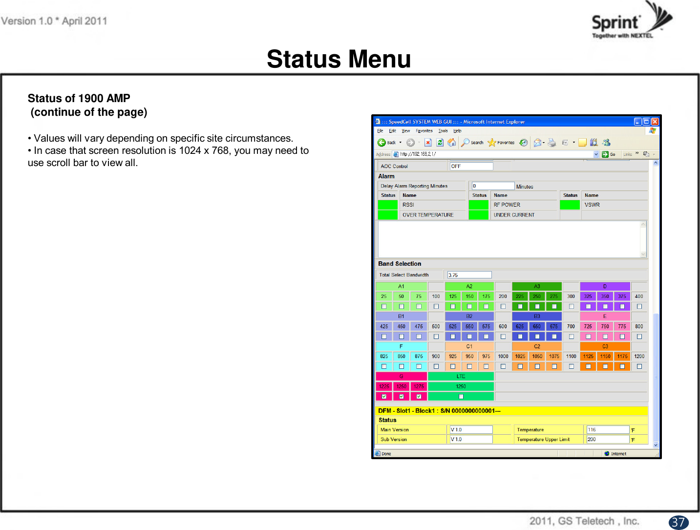 Status of 1900 AMP(continue of the page)• Values will vary depending on specific site circumstances.• In case that screen resolution is 1024 x 768, you may need to use scroll bar to view all.Status Menu37