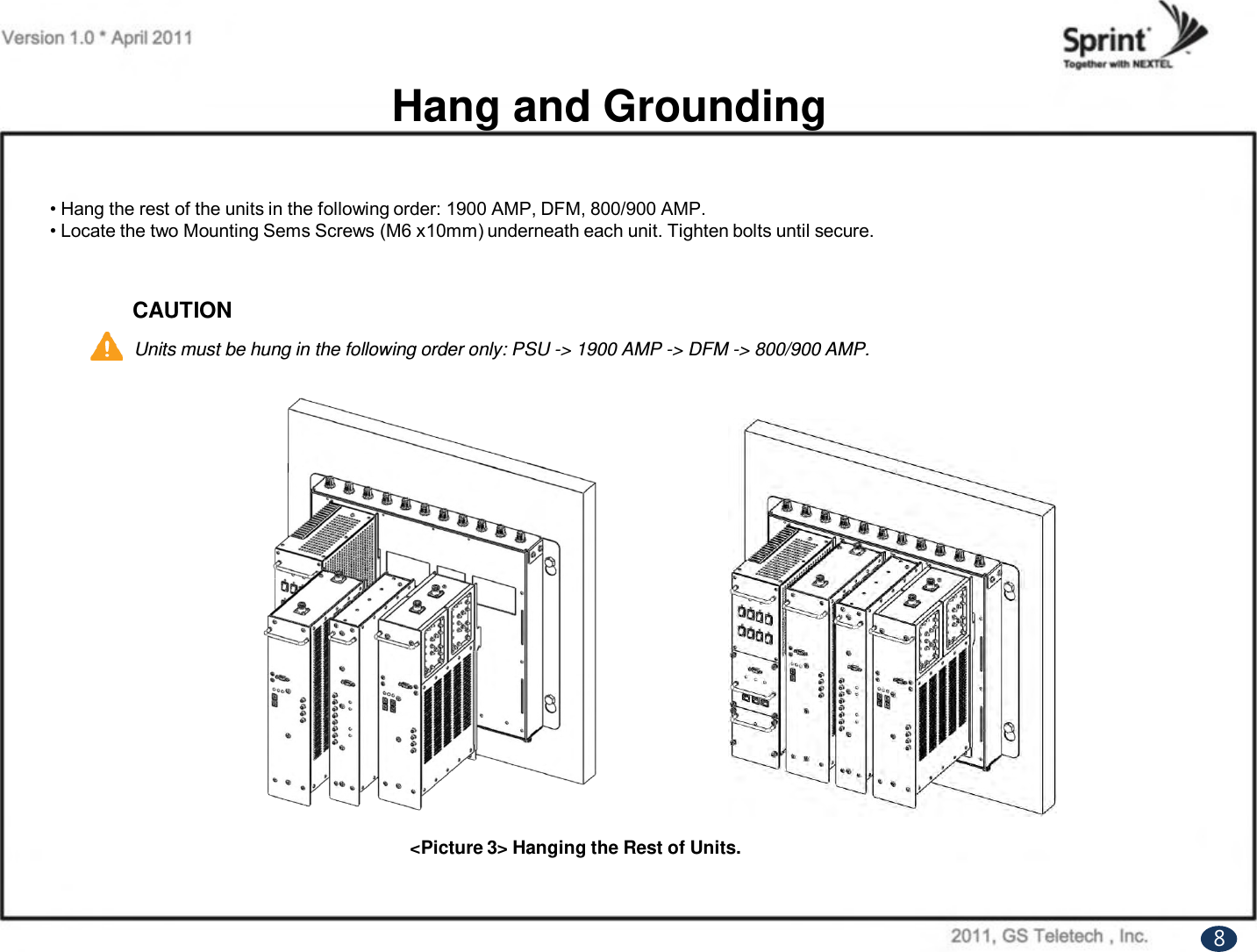 Hang and Grounding• Hang the rest of the units in the following order: 1900 AMP, DFM, 800/900 AMP.• Locate the two Mounting Sems Screws (M6 x10mm) underneath each unit. Tighten bolts until secure.&lt;Picture 3&gt; Hanging the Rest of Units. CAUTIONUnits must be hung in the following order only: PSU -&gt; 1900 AMP -&gt; DFM -&gt; 800/900 AMP. 8