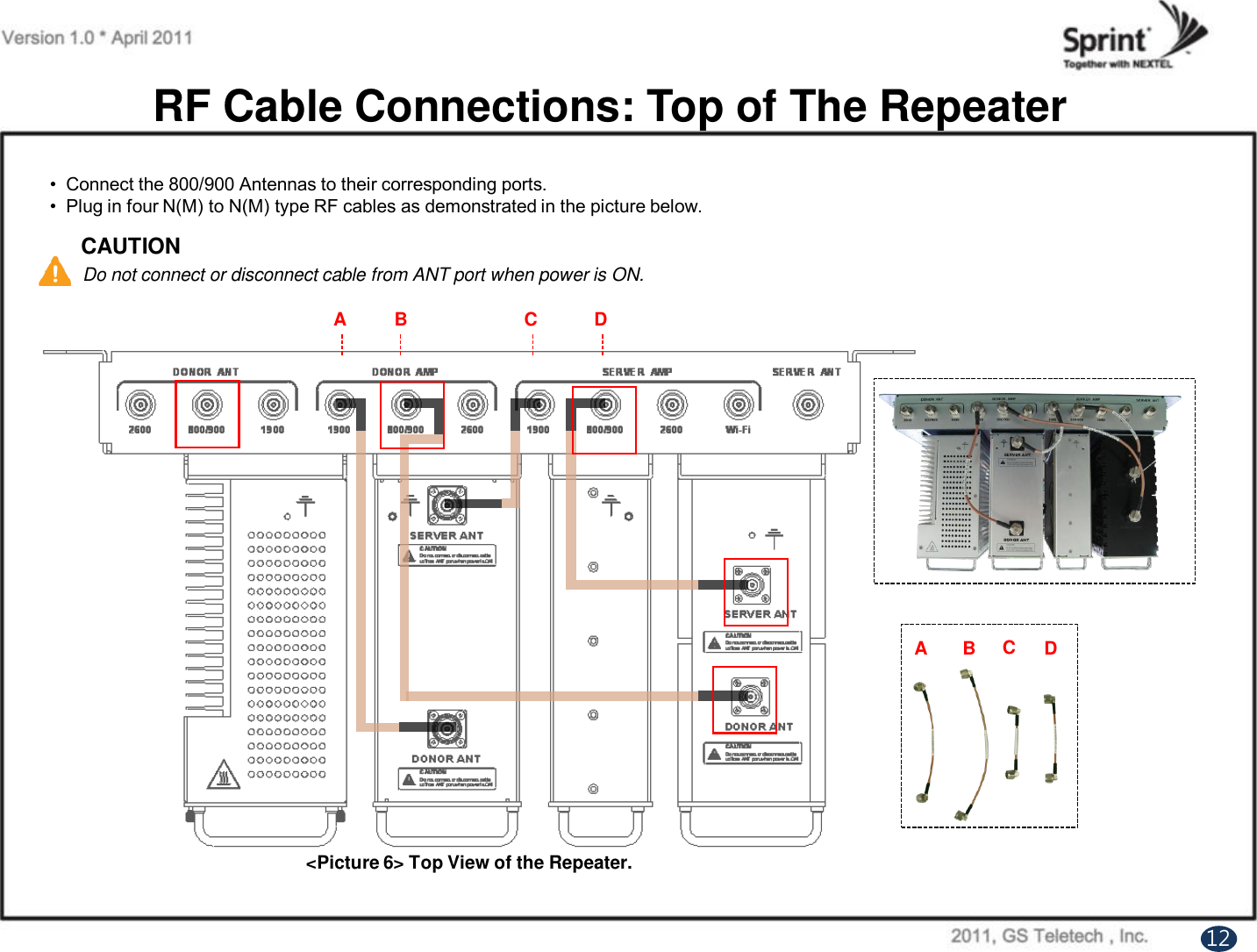 RF Cable Connections: Top of The RepeaterCAUTIONDo not connect or disconnect cable from ANT port when power is ON.•  Connect the 800/900 Antennas to their corresponding ports.•  Plug in four N(M) to N(M) type RF cables as demonstrated in the picture below.A B C DA B CD&lt;Picture 6&gt; Top View of the Repeater.12