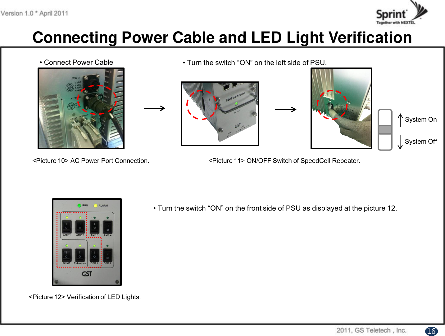 Connecting Power Cable and LED Light Verification• Connect Power Cable16&lt;Picture 10&gt; AC Power Port Connection.System OnSystem Off&lt;Picture 12&gt; Verification of LED Lights.• Turn the switch “ON” on the left side of PSU.  &lt;Picture 11&gt; ON/OFF Switch of SpeedCell Repeater.• Turn the switch “ON” on the front side of PSU as displayed at the picture 12. 